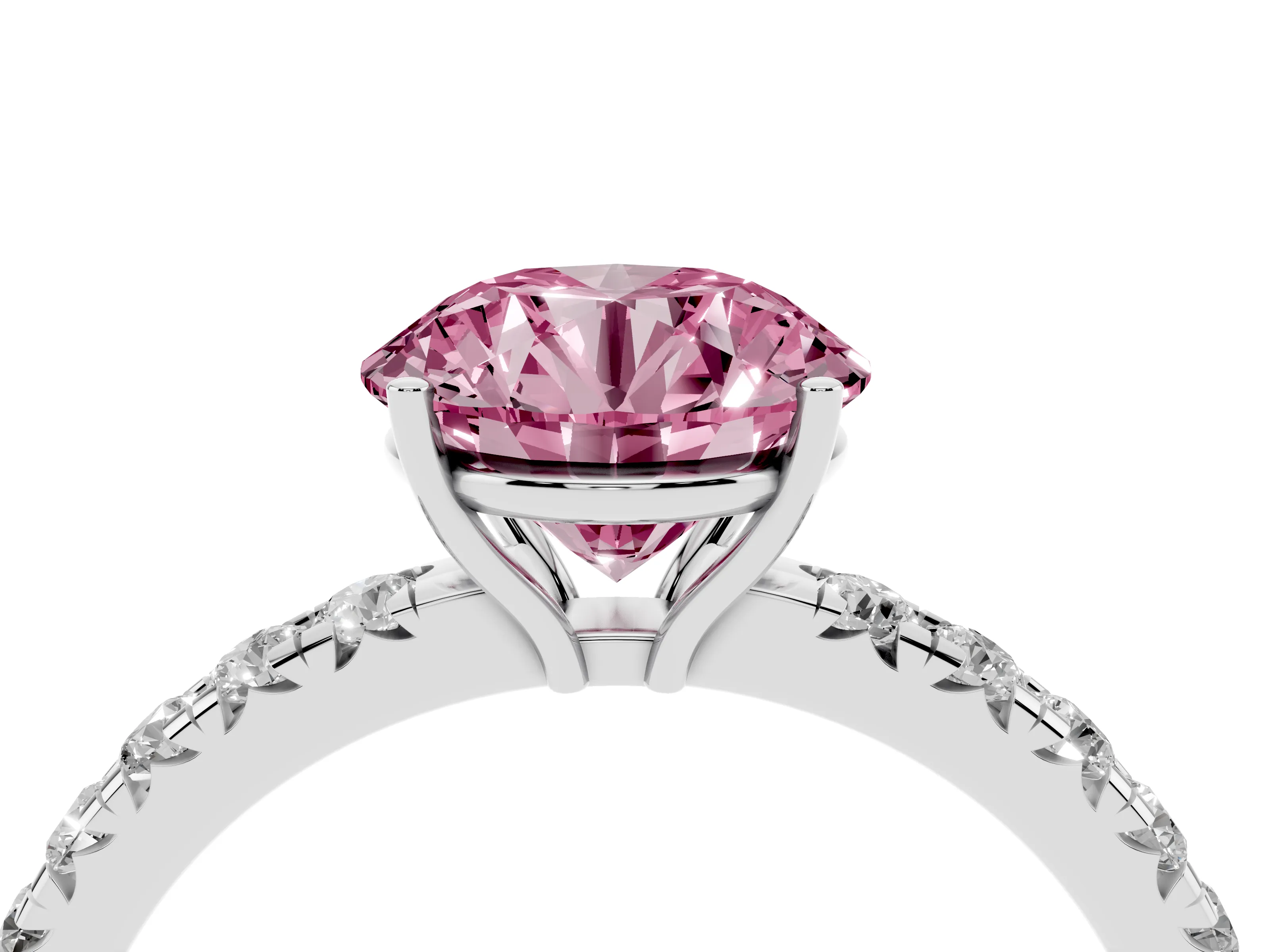Fancy Pink Round Cut Diamond Pavé Solitaire Engagement Ring Set in White gold with Prong Setting