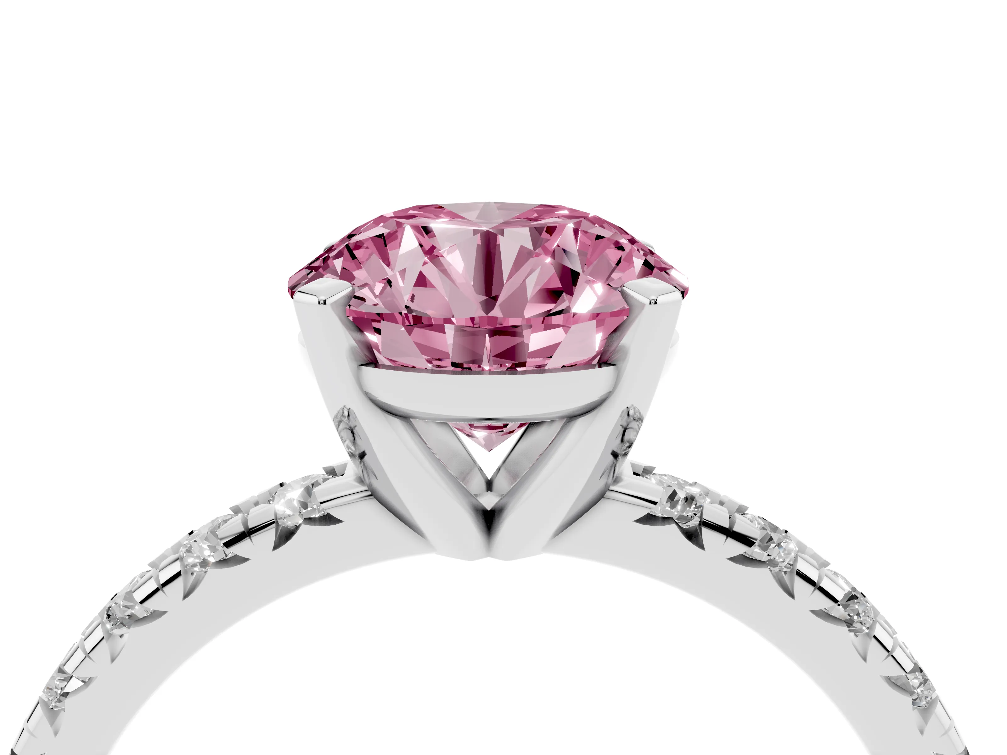 Fancy Pink Round Cut Diamond Solitaire Pavé Engagement Ring Set in White gold with Round Band and Prong Setting