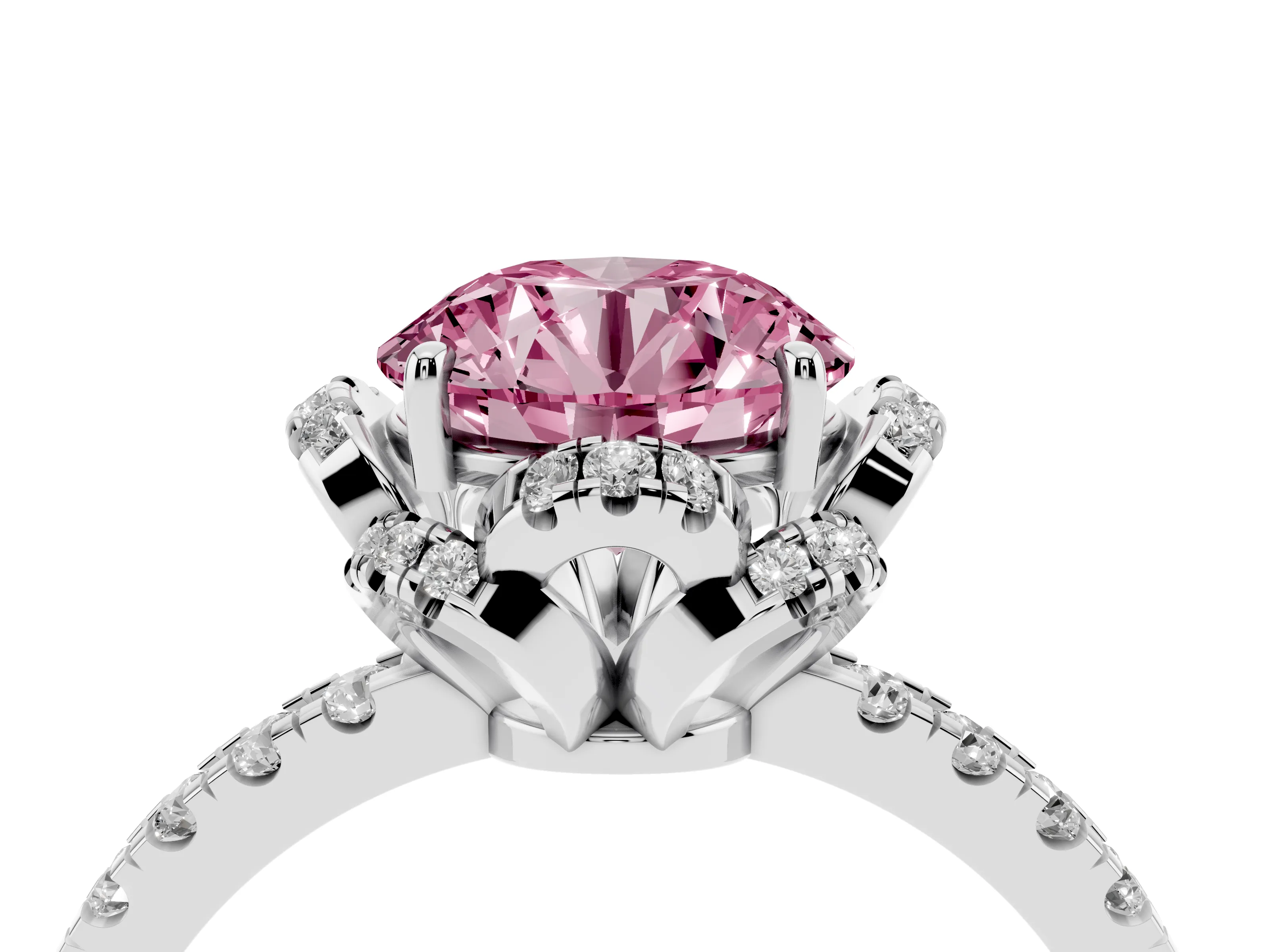Fancy Pink Round Cut Diamond Halo Pavé Band Ring Set in Platinum with Prong-Held Center