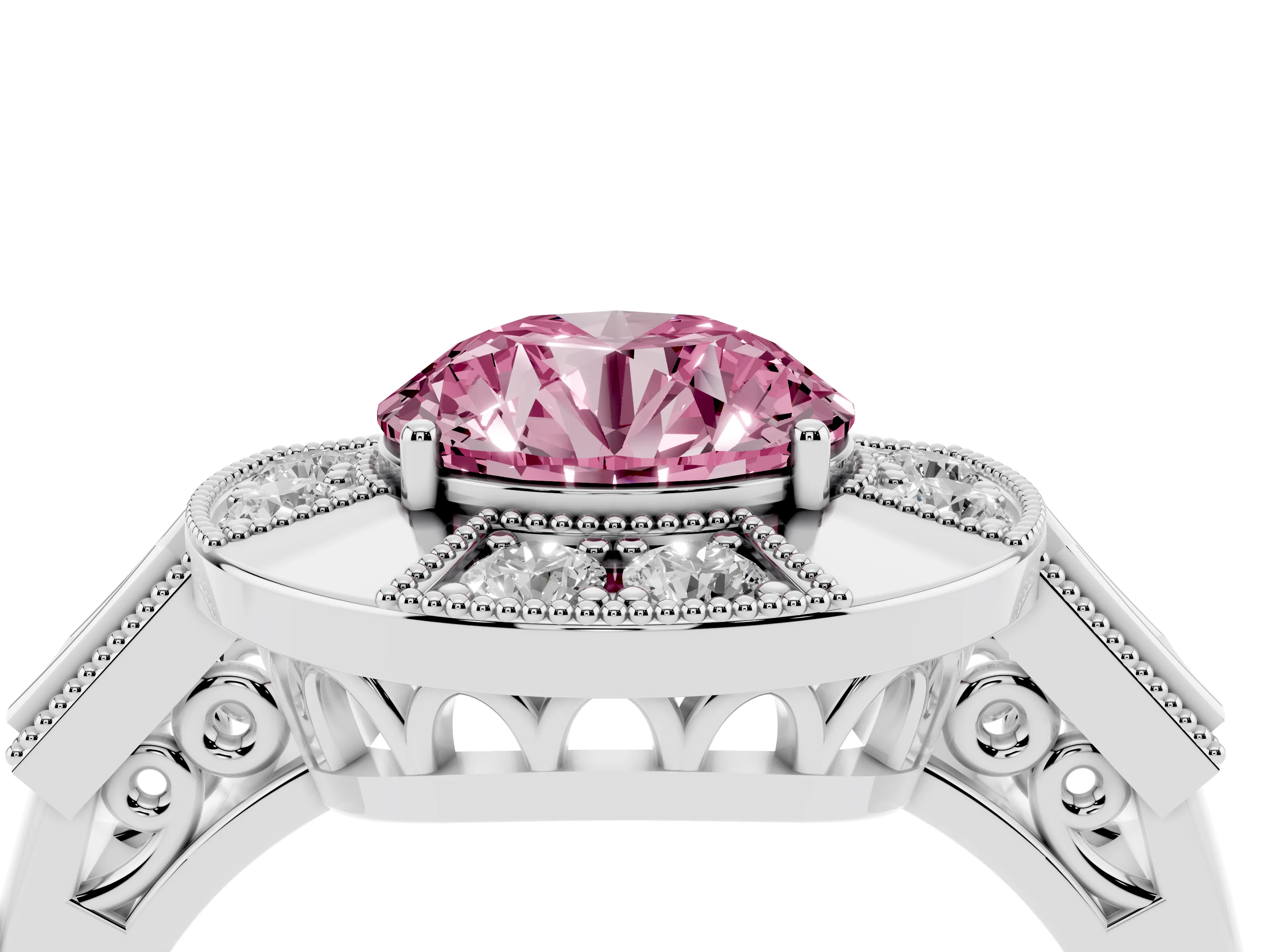 Fancy Pink Round Cut Diamond Milgrain Halo Ring Set in Platinum with Split Shank