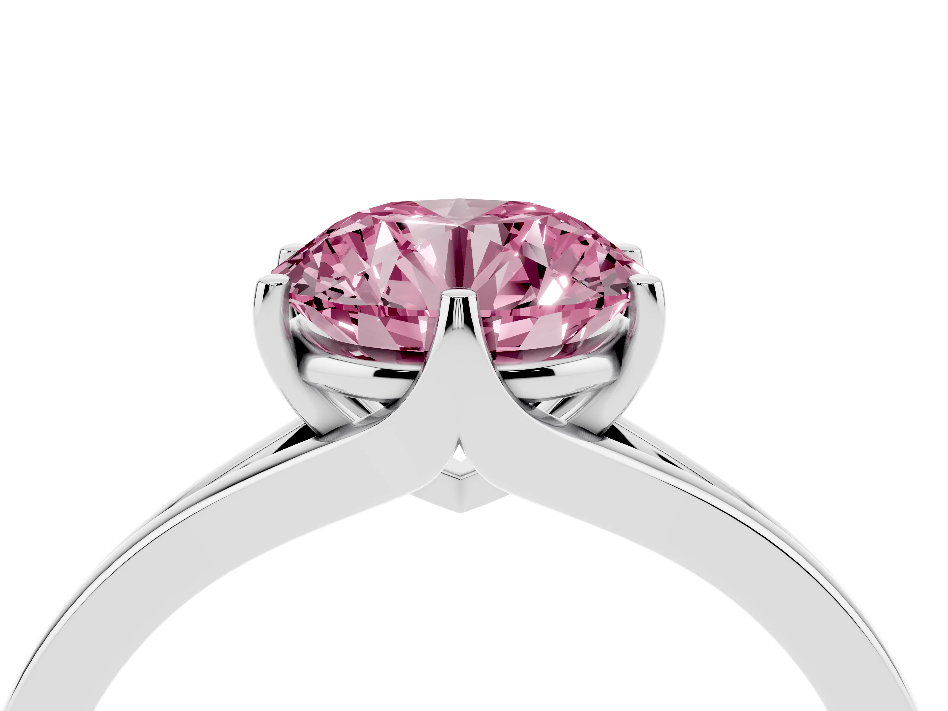 Fancy Pink Round Cut Diamond Solitaire Ring Set in Silver with Polished Tapered Band and Prong Setting