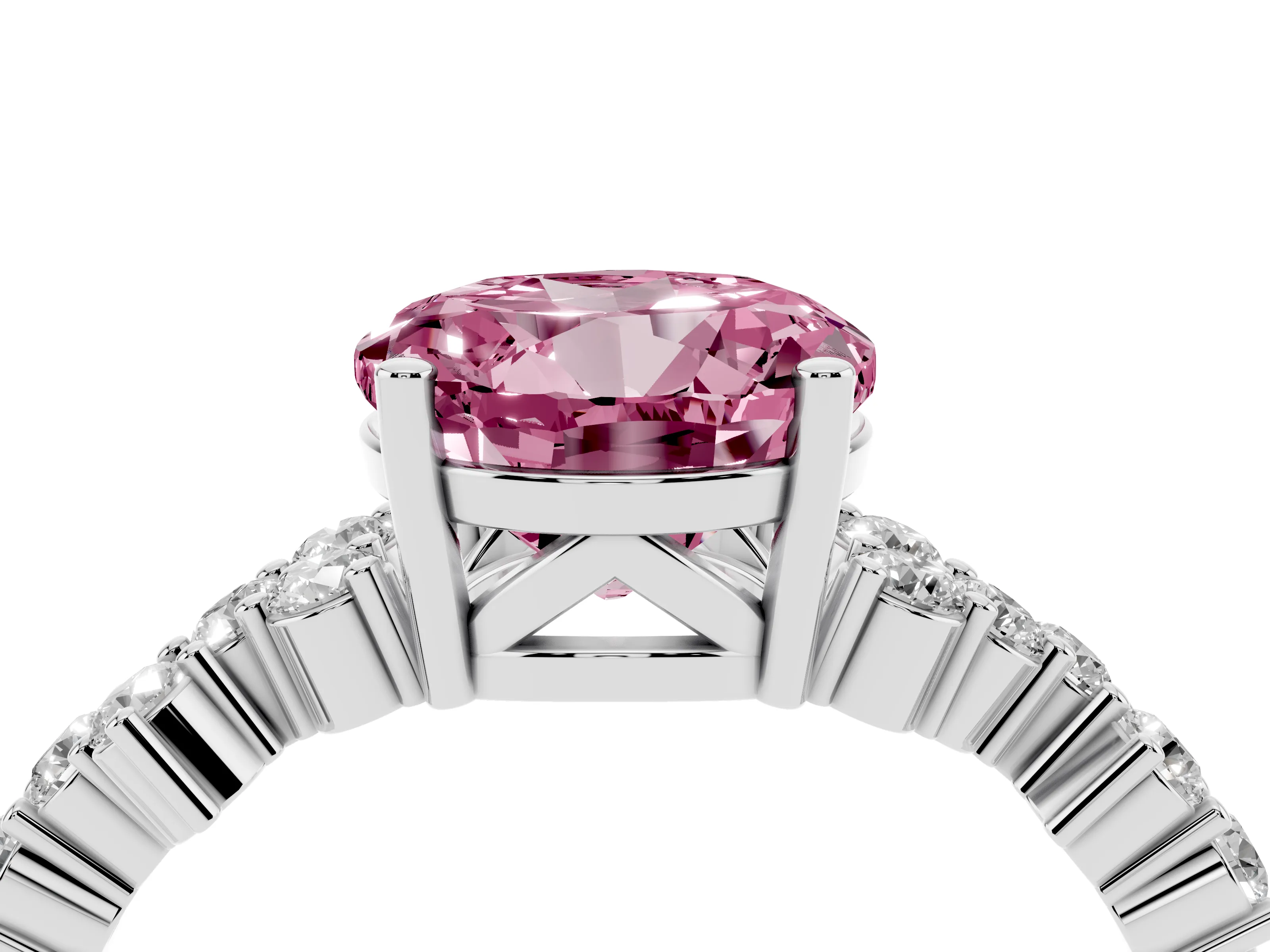 Fancy Pink Round Cut Diamond Ring Set in White gold with Scattered Round Accents