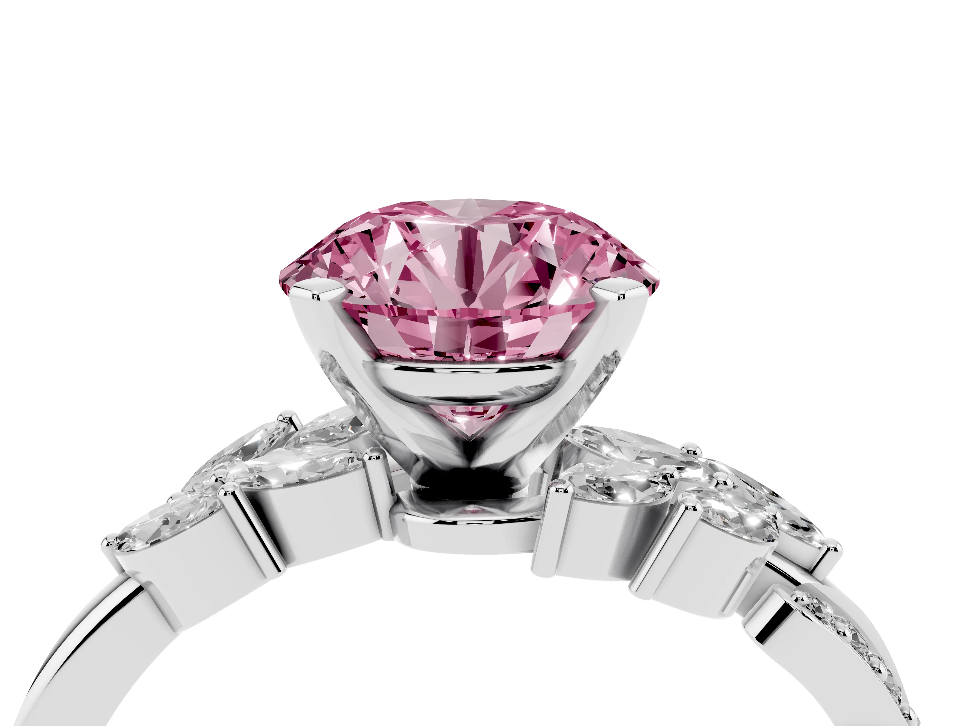 Fancy Pink Round Cut Diamond Solitaire Ring Set in Silver with Marquise Twist Band and Prong Setting
