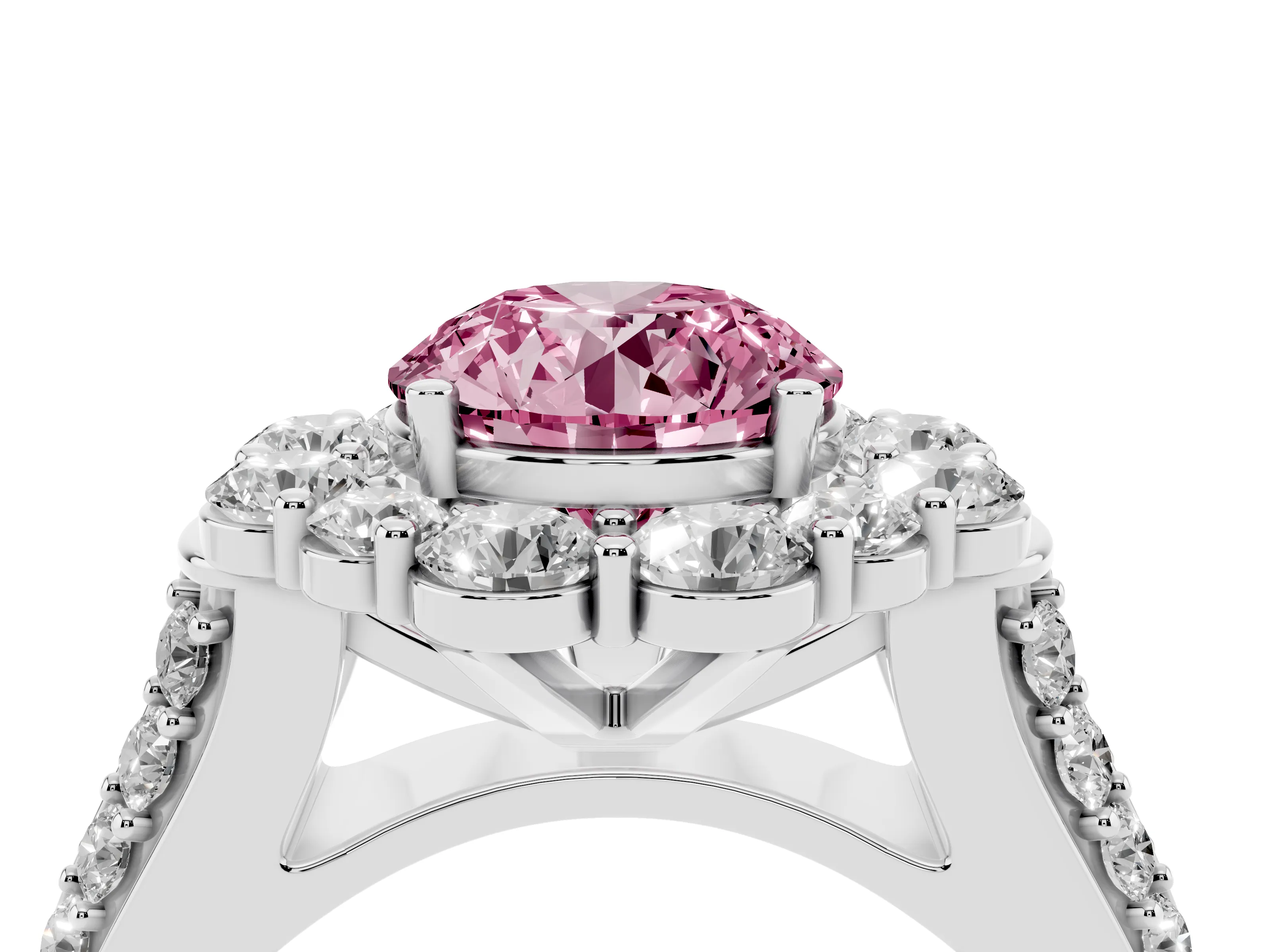 Fancy Pink Round Cut Diamond Halo Engagement Ring Set in Platinum with Split Shank and Prong Setting