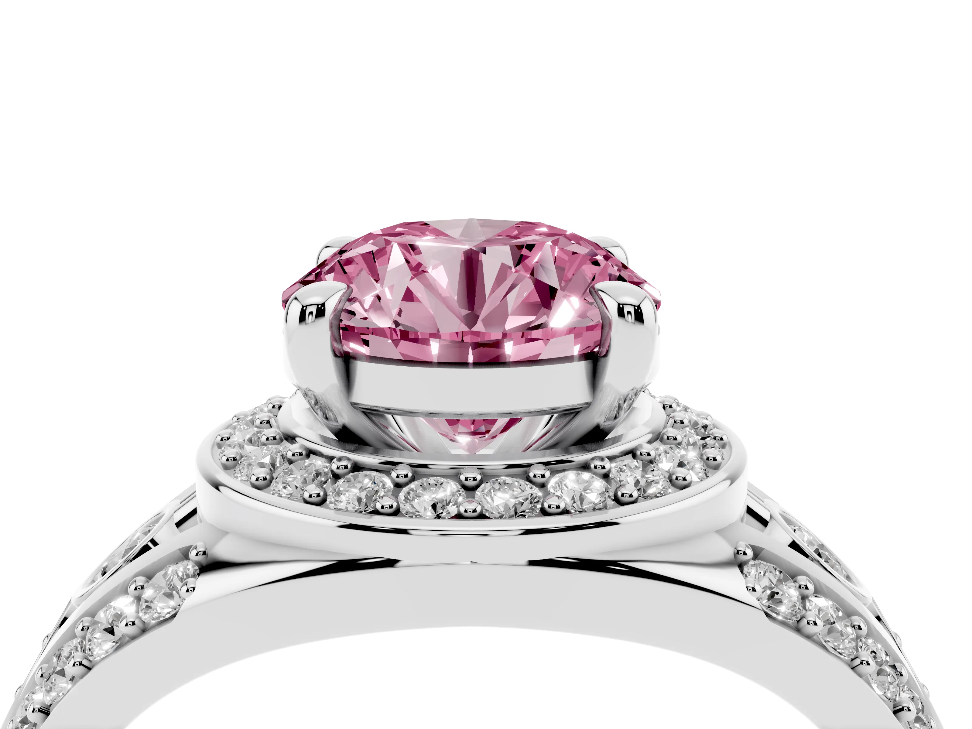 Fancy Pink Round Cut Diamond Halo Ring Set in Platinum with Pavé Split Shank and Bezel Accents