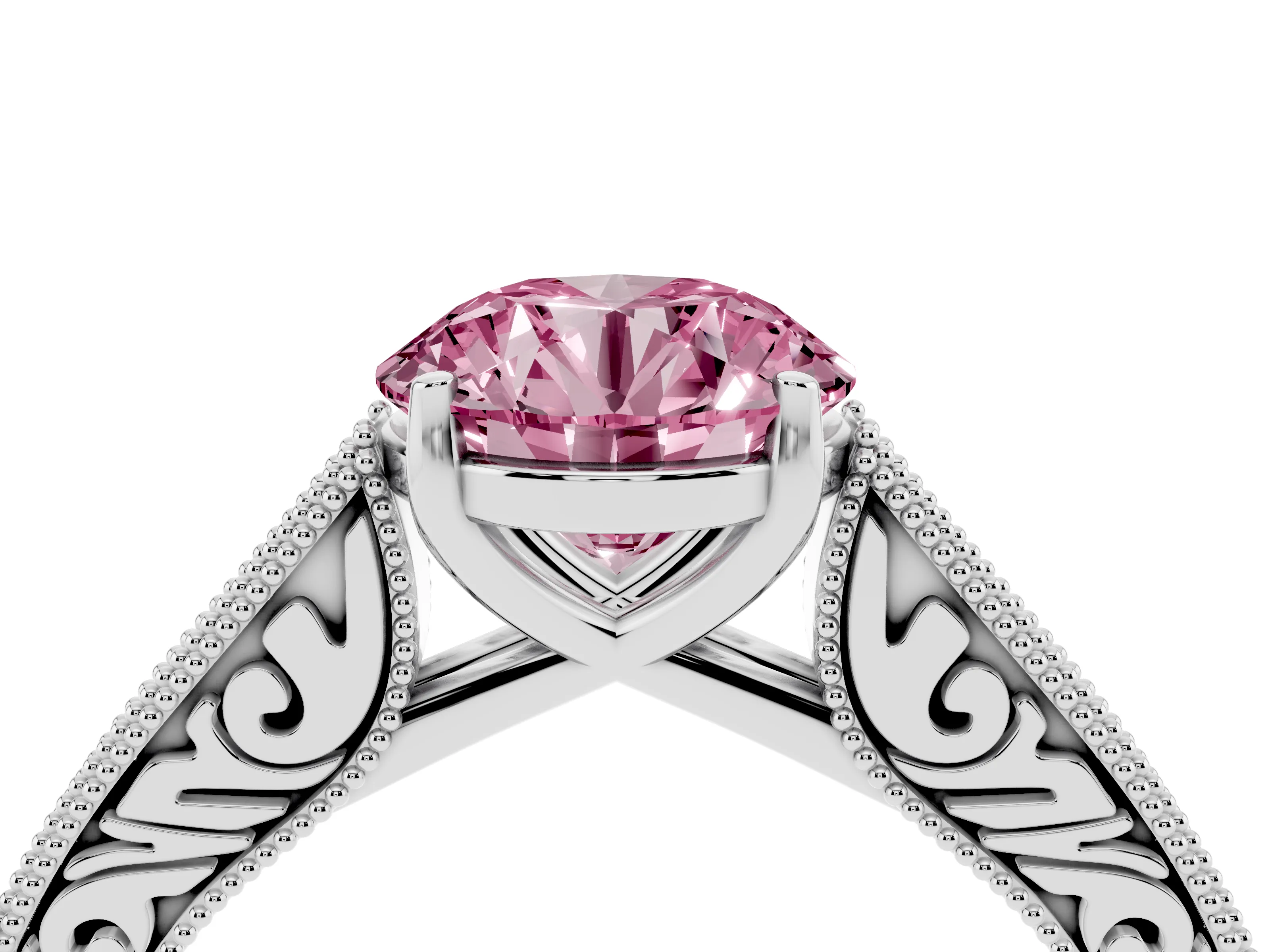 Fancy Pink Round Cut Diamond Milgrain Pavé Band Solitaire Ring Set in Silver with Prong Setting