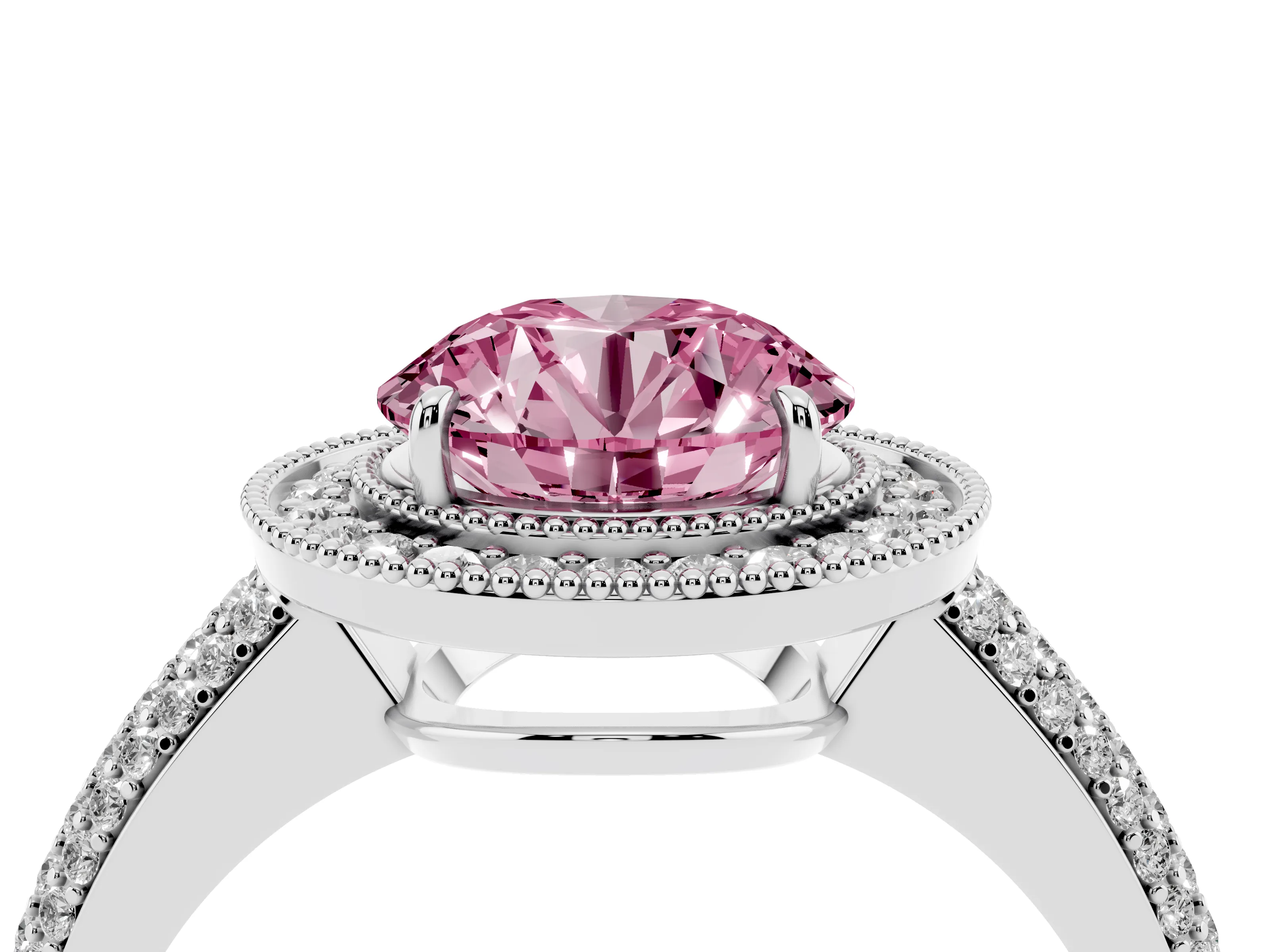 Fancy Pink Round Cut Diamond Halo Pavé Band Set in Platinum with Prong Setting