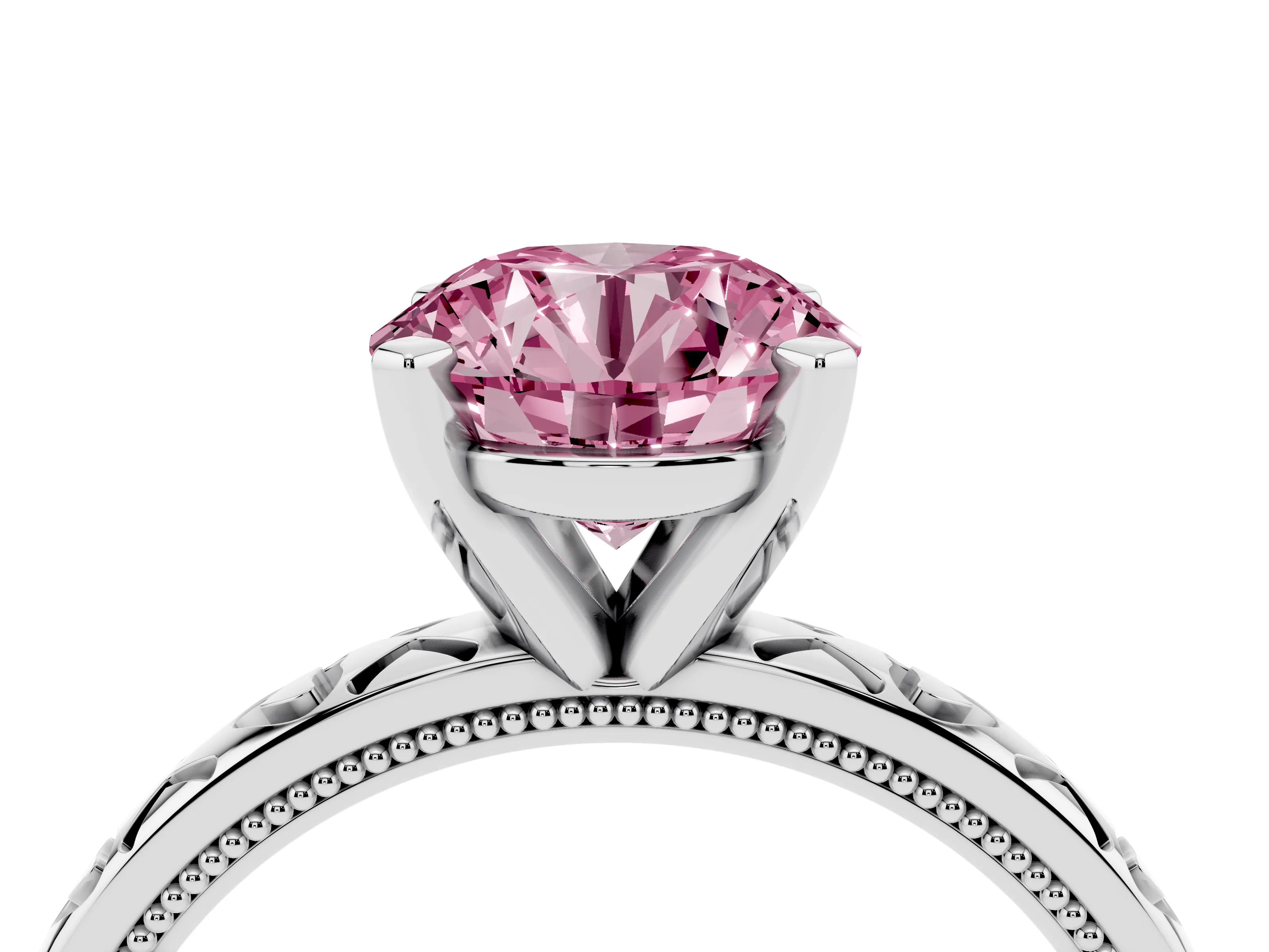 Fancy Pink Round Cut Diamond Solitaire Engagement Ring Set in White gold with XO Engraved Band and Prong Setting