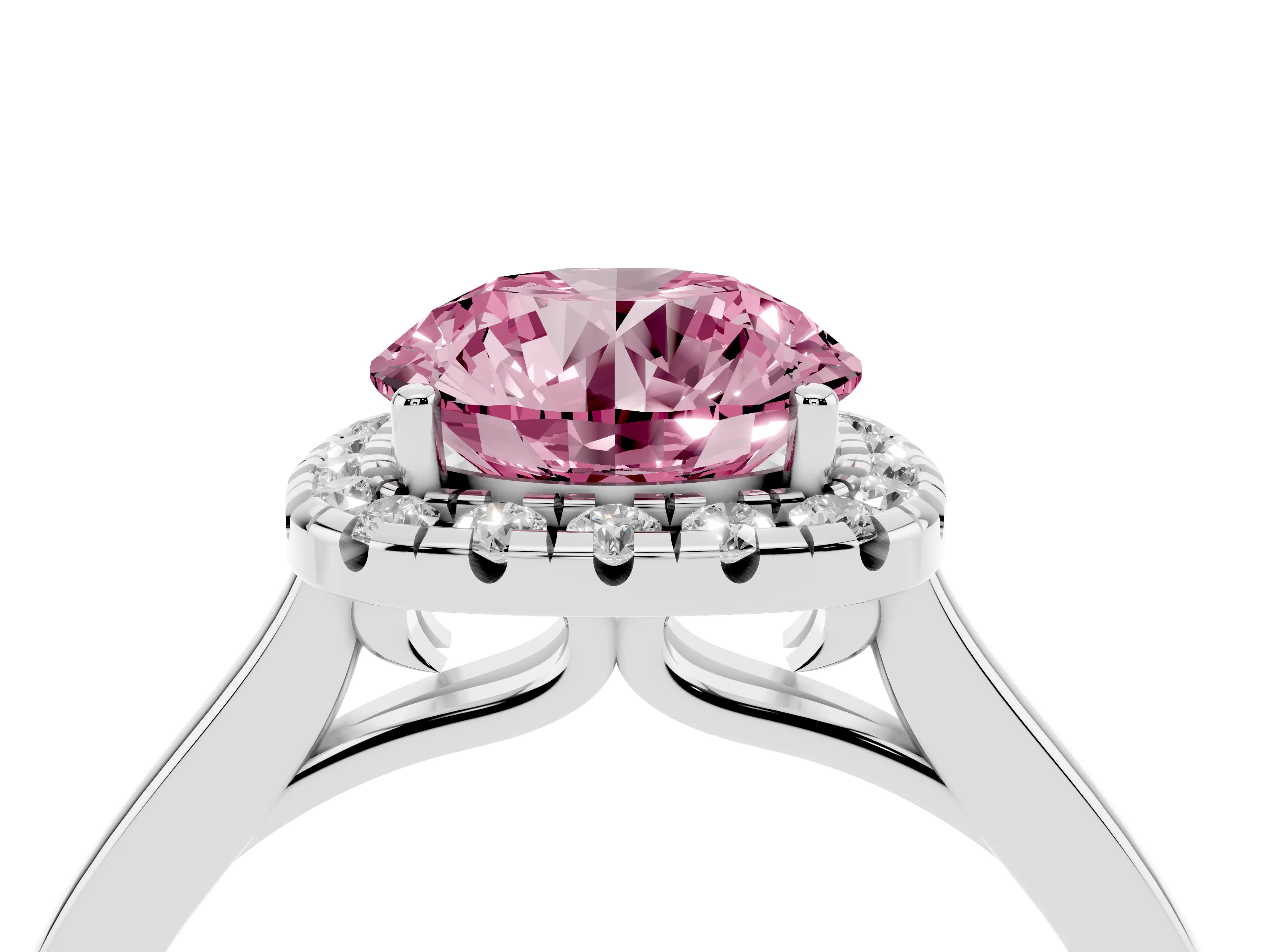 Fancy Pink Round Cut Halo Round Diamond Solitaire Ring Set in Silver with Pavé Band and Prong Setting