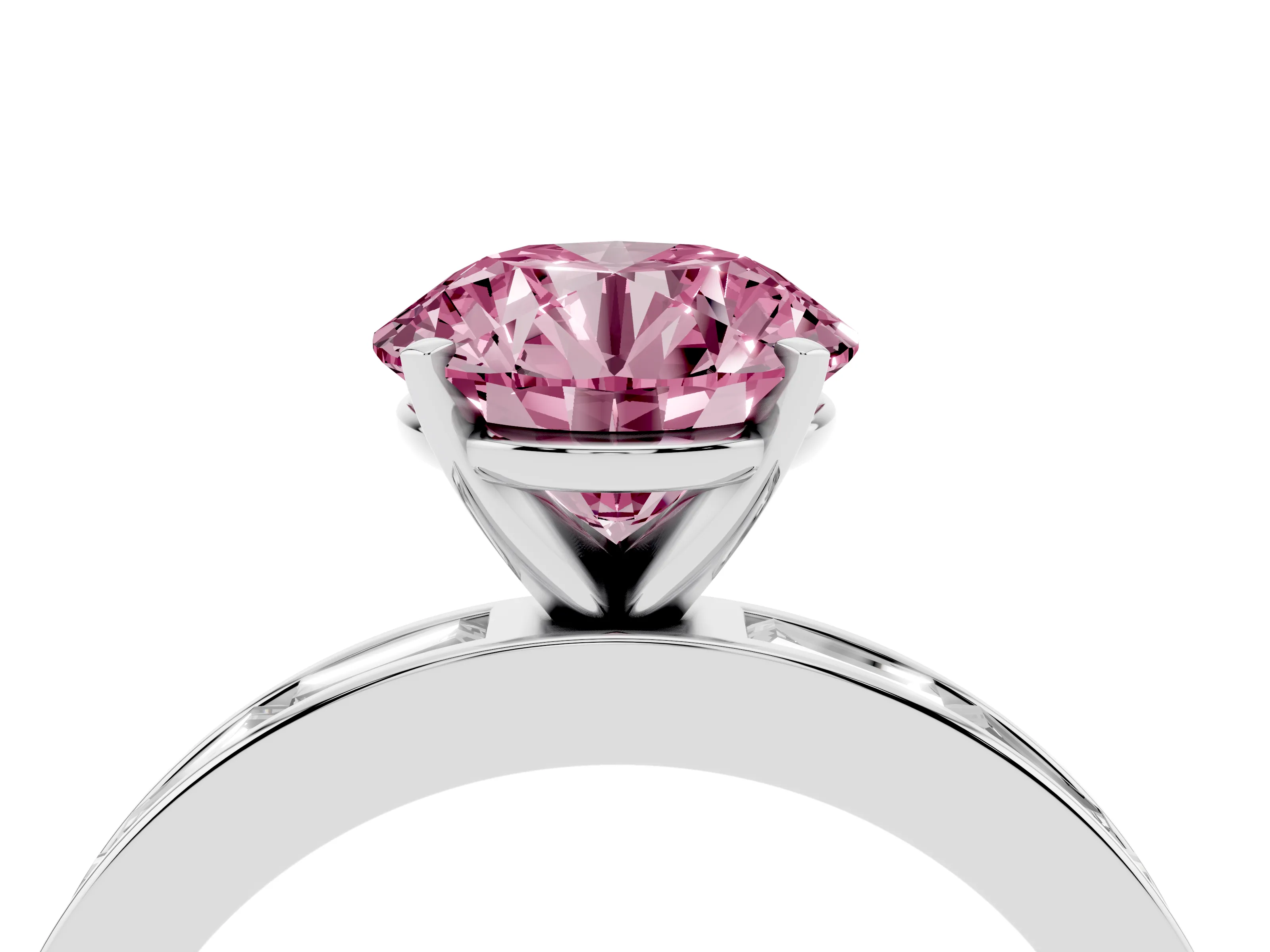 Fancy Pink Round Cut Diamond Solitaire Ring Set in Silver with Channel-Set Baguette Band and Prong Setting