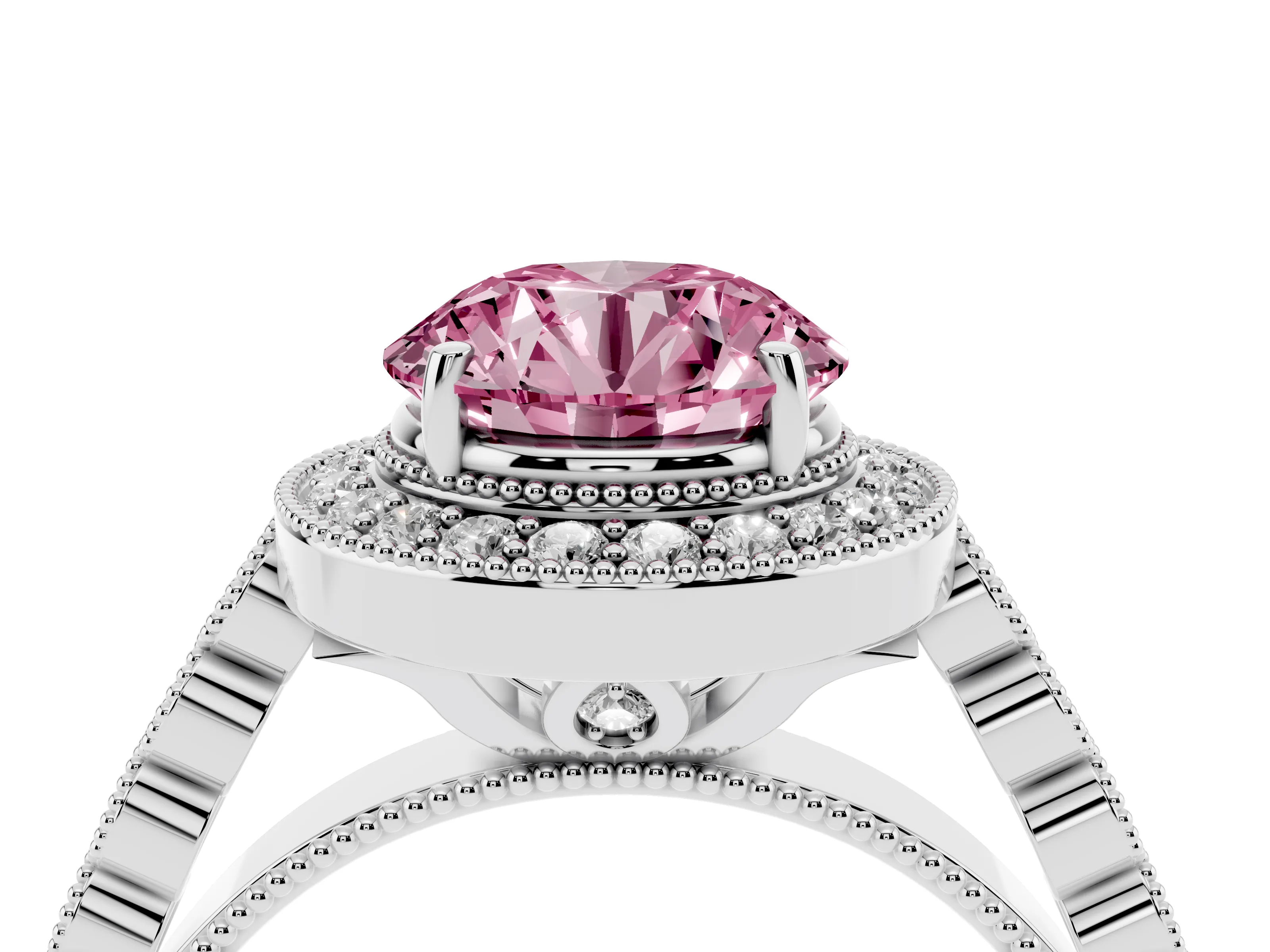 Fancy Pink Round Cut Diamond Milgrain Halo Solitaire Ring Set in Silver with Bezel Set Side Stones and Pavé Band