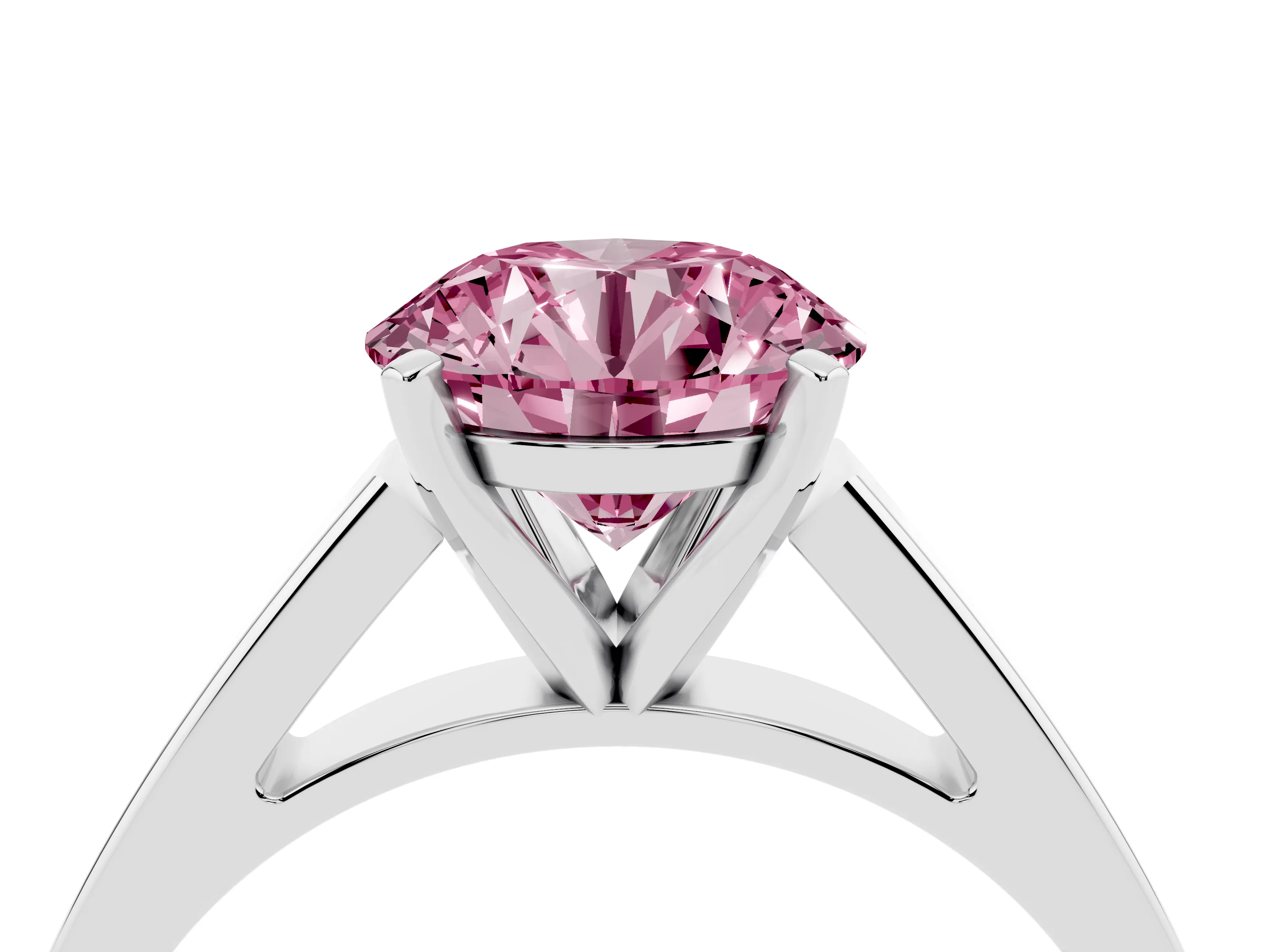 Fancy Pink Round Cut Diamond Solitaire Engagement Ring Set in White gold with Prong Setting and Tapered Band