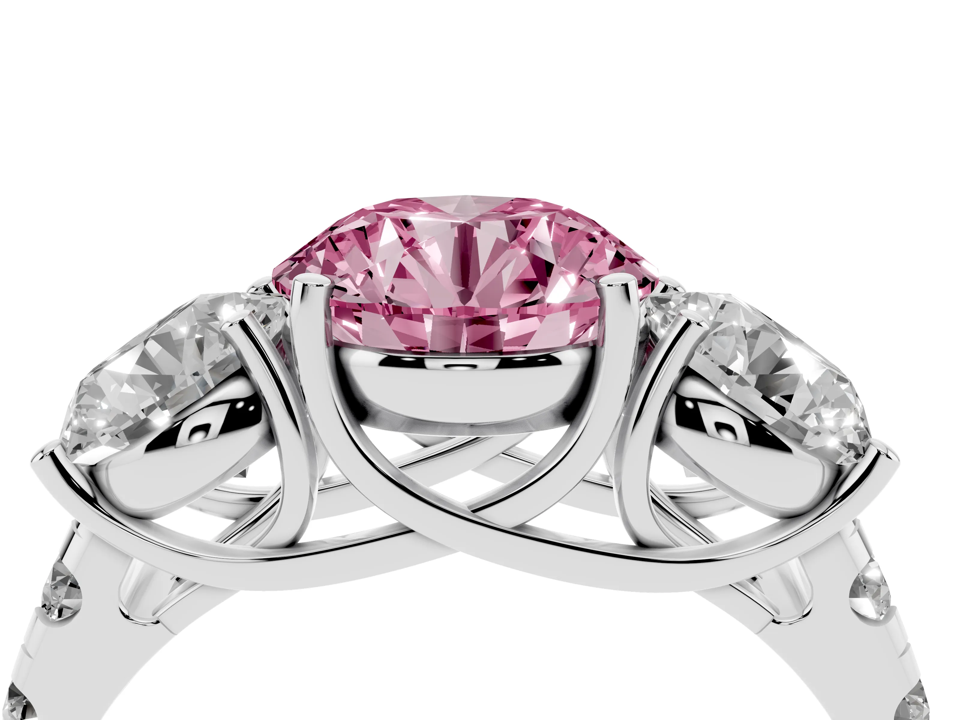 Fancy Pink Round Cut Diamond Three-Stone Ring Set in Silver with Pavé Band