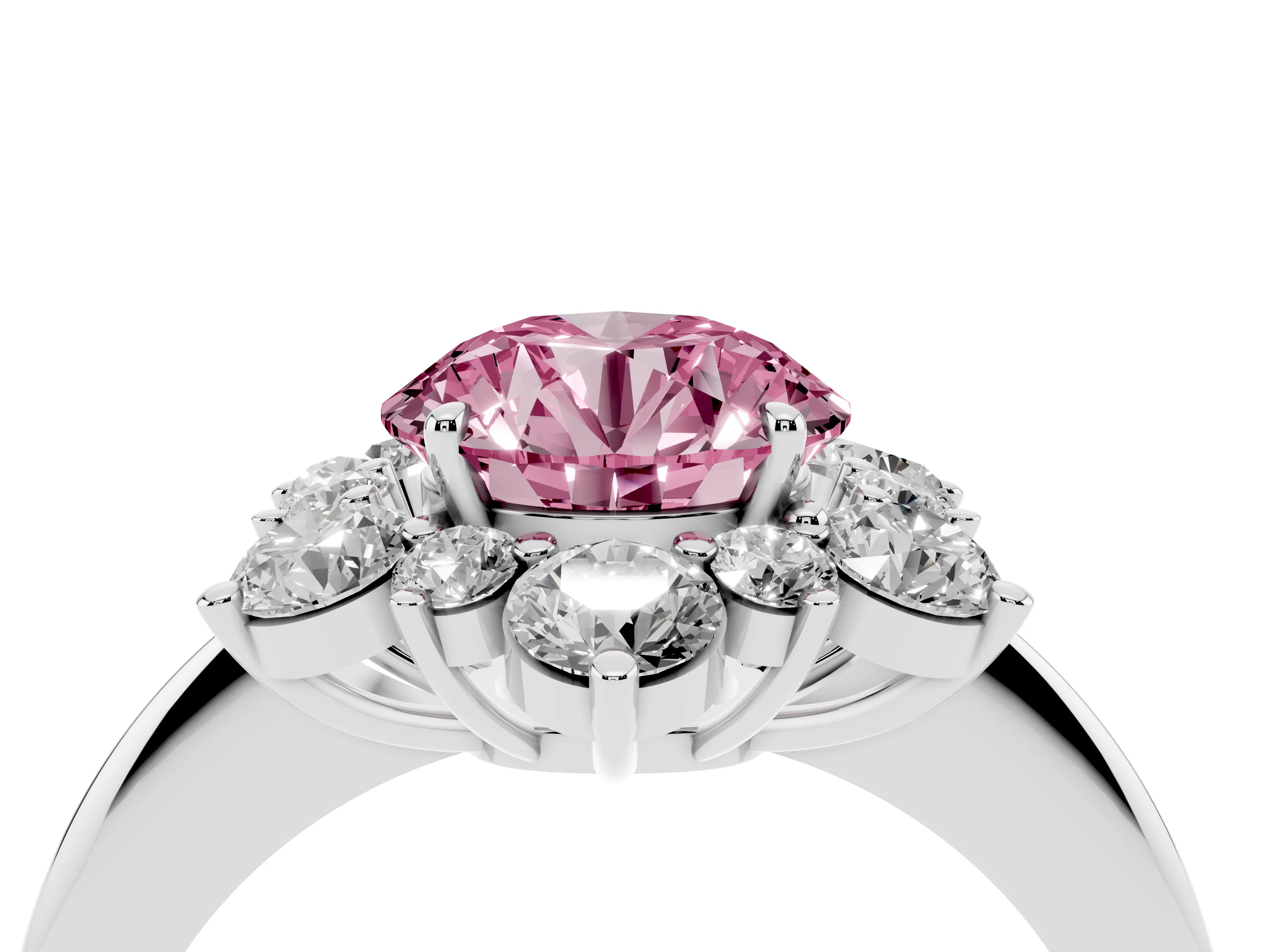 Fancy Pink Round Cut Diamond Cluster Halo Ring Set in White gold with Solitaire Band and Prong Setting