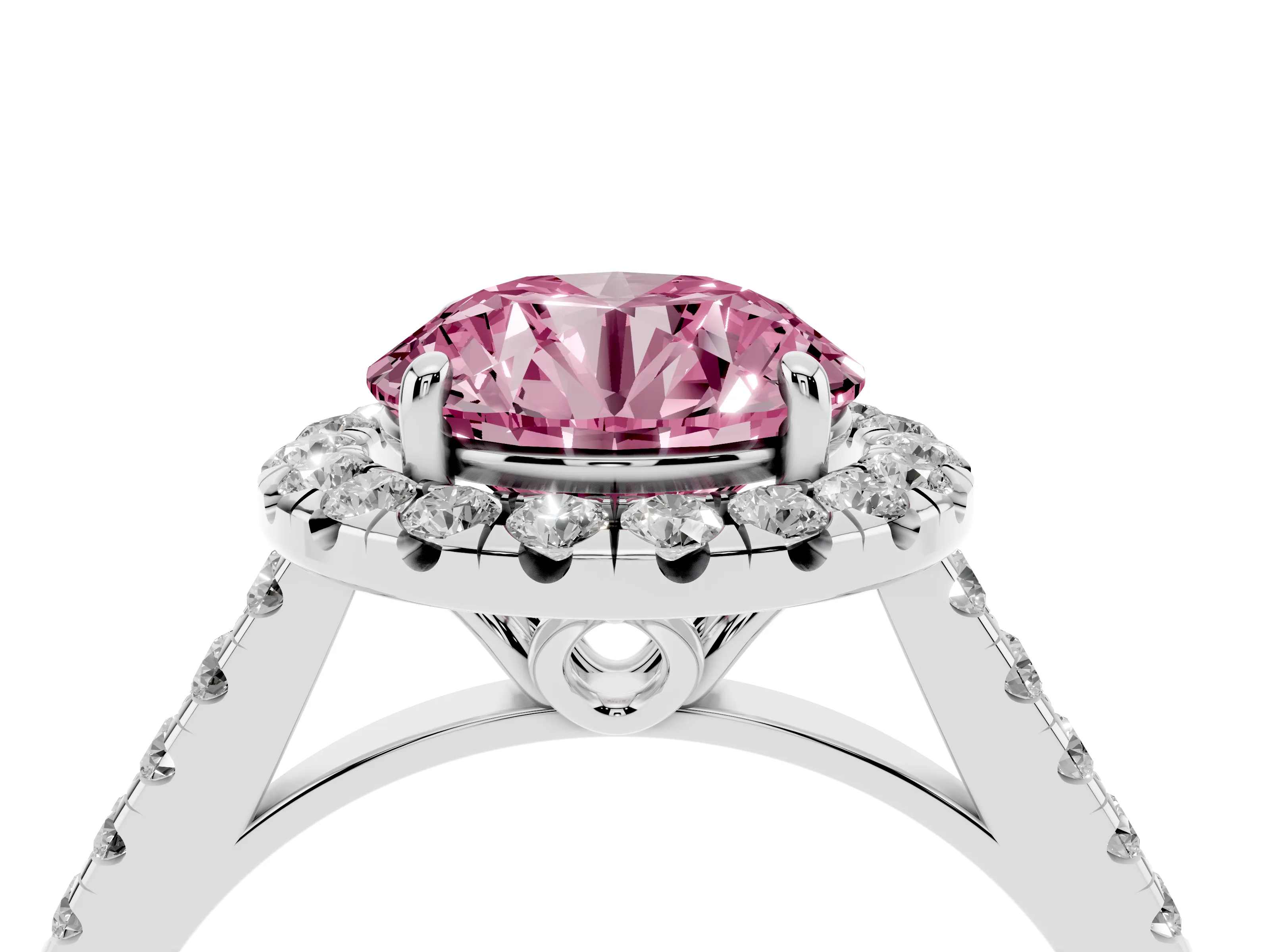 Fancy Pink Round Cut Diamond Pavé Halo Engagement Ring Set in White gold with Pavé Band and Prong Setting