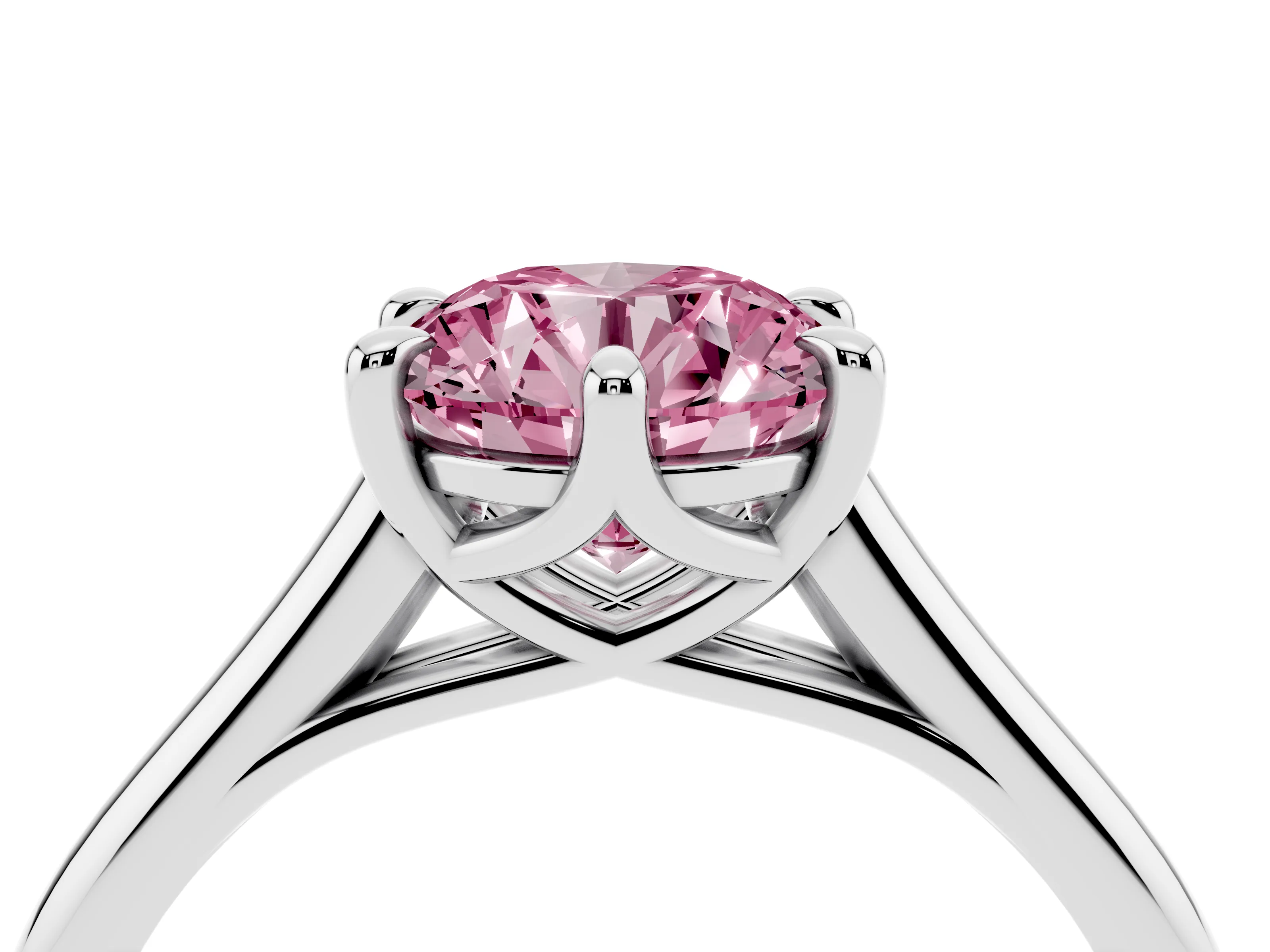 Fancy Pink Round Cut Diamond Solitaire Engagement Ring Set in Platinum with Prong Setting and Plain Classic Band