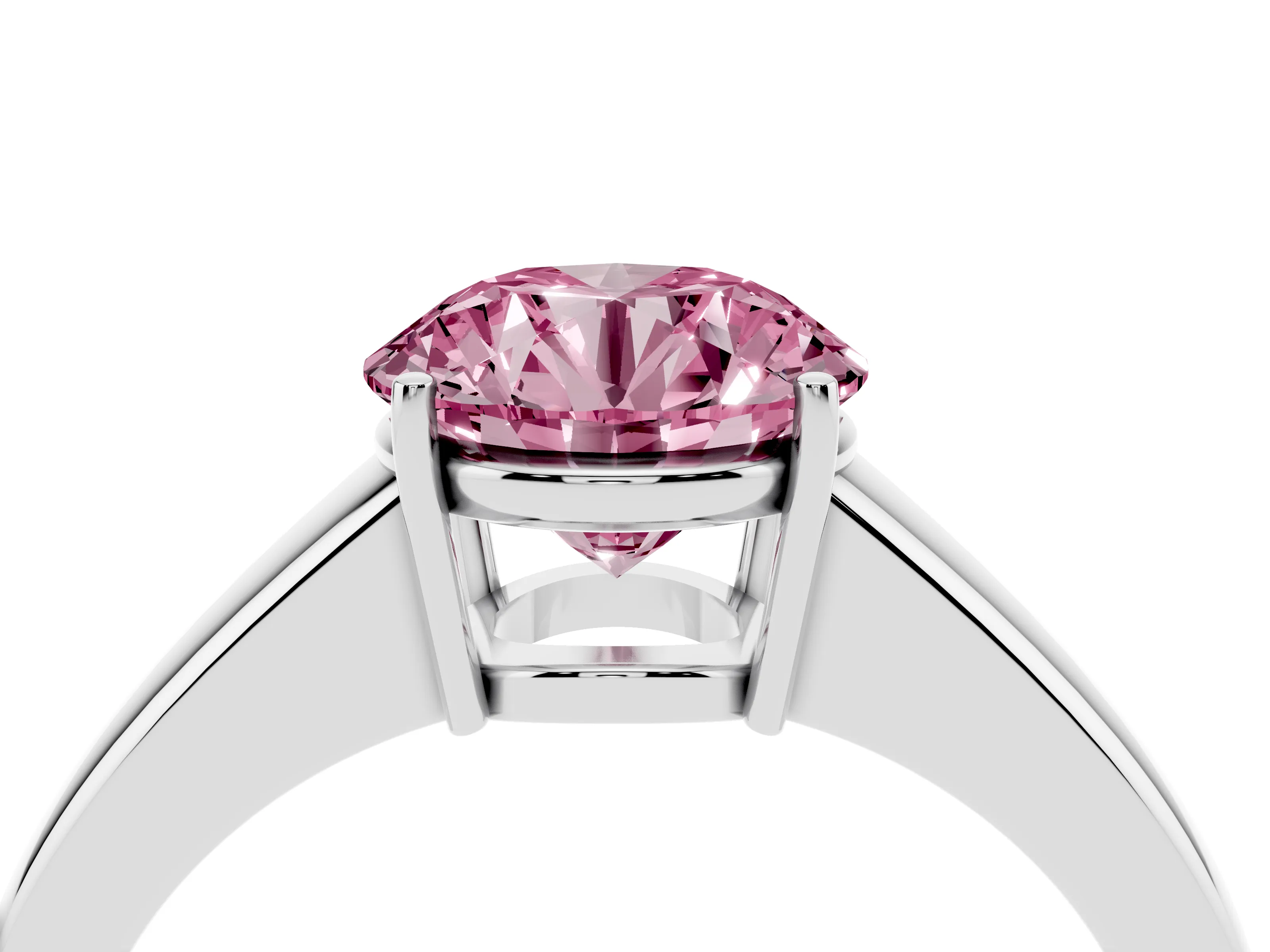 Fancy Pink Round Cut Diamond Solitaire Ring Set in Silver with Tapered Band and Prong Setting