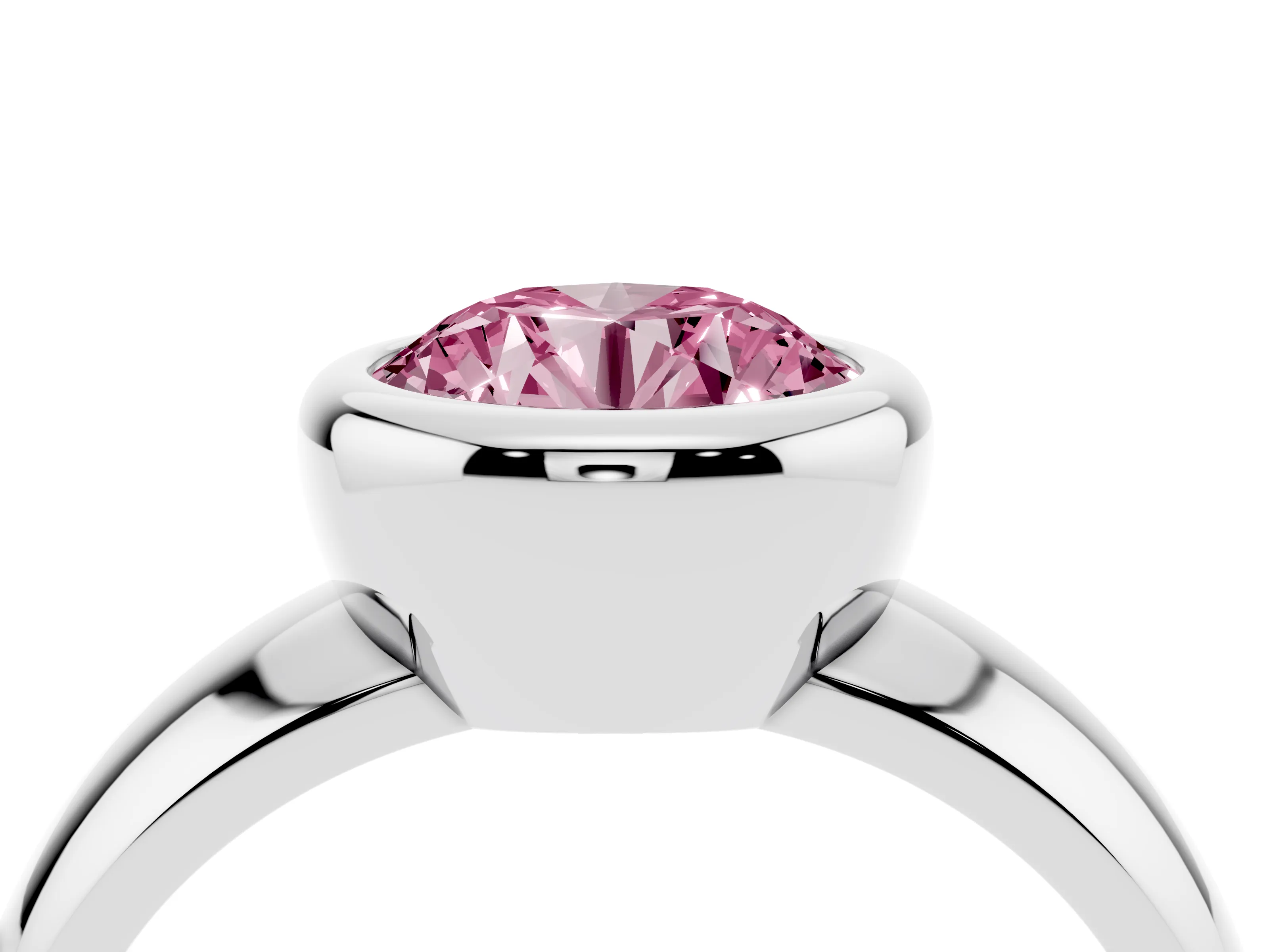Fancy Pink Bezel Set Round Cut Diamond Solitaire Ring Set in Platinum with Wide Band