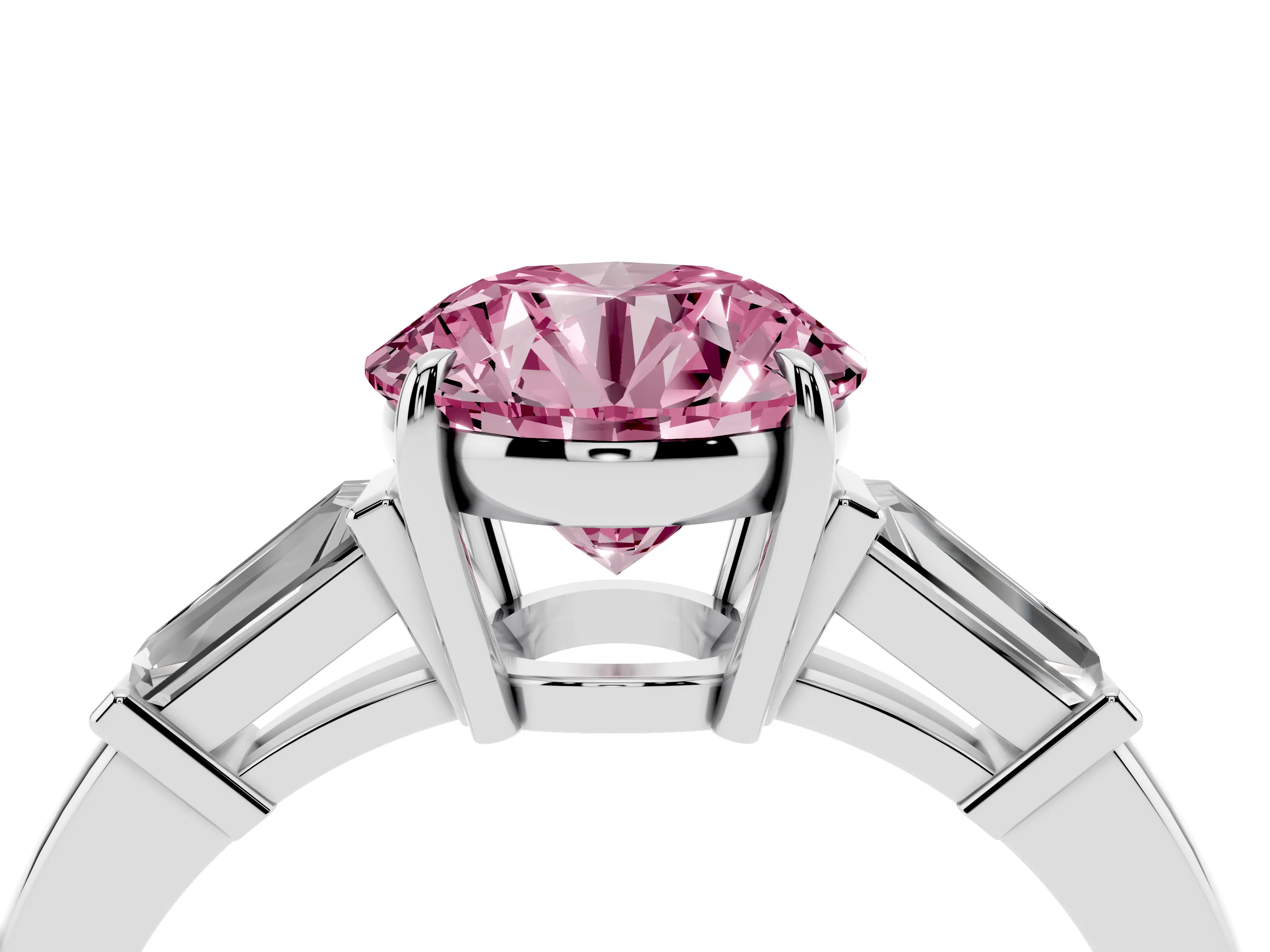 Fancy Pink Round Cut Diamond Three-Stone Ring Set in White gold with Tapered Baguette Side Stones and Prong Setting