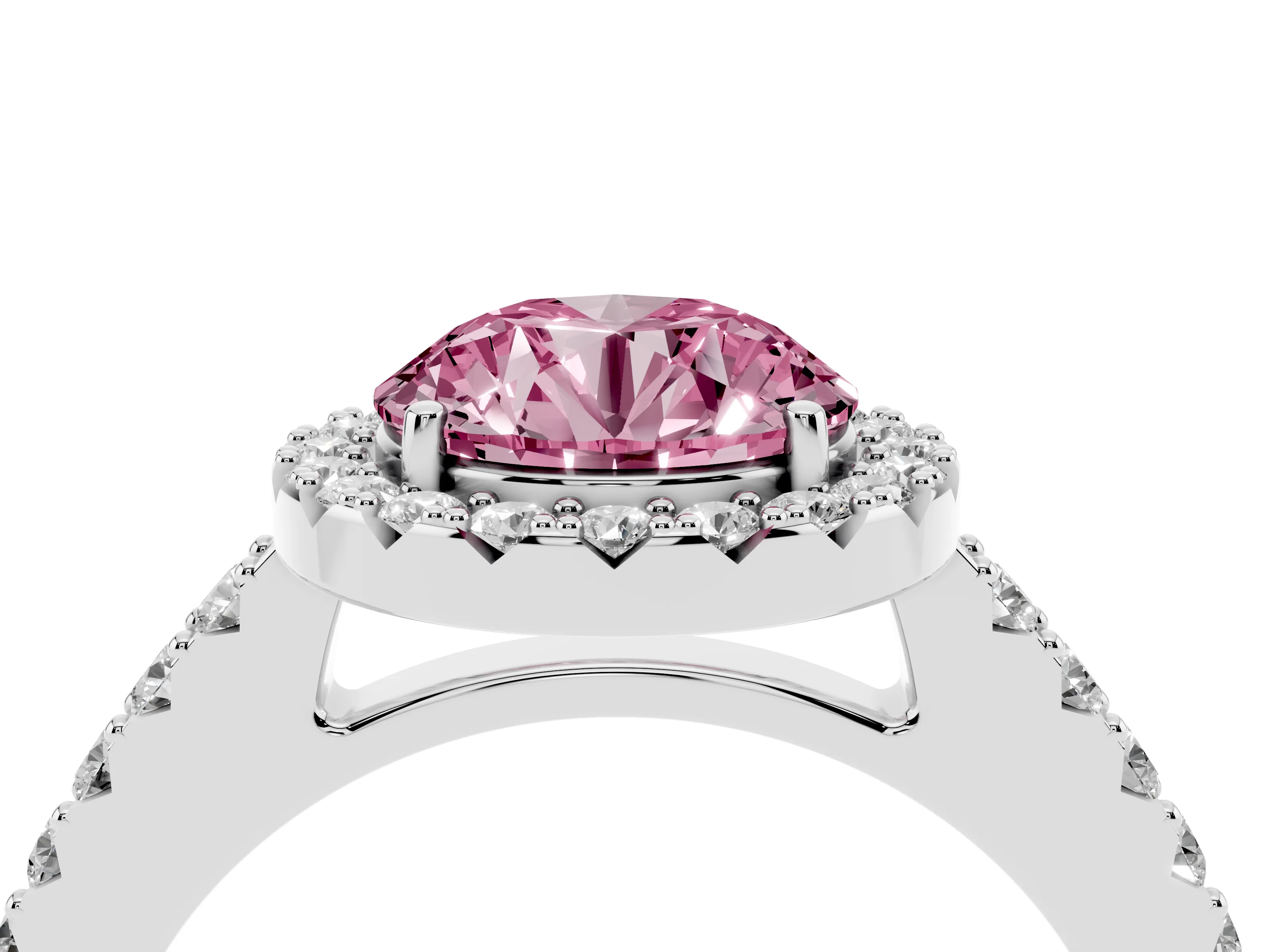 Fancy Pink Round Cut Diamond Halo Pavé Solitaire Ring Set in Silver with Prong-Set Center Stone