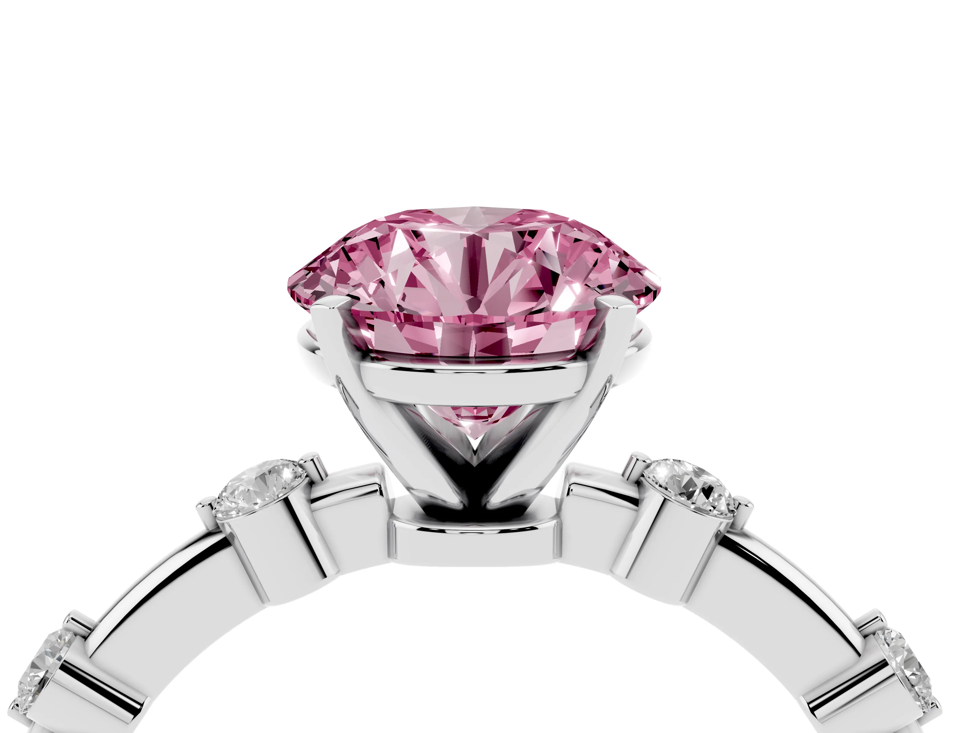 Fancy Pink Round Cut Diamond Solitaire Ring Set in Silver with Bezel Set Side Stones and Prong Setting