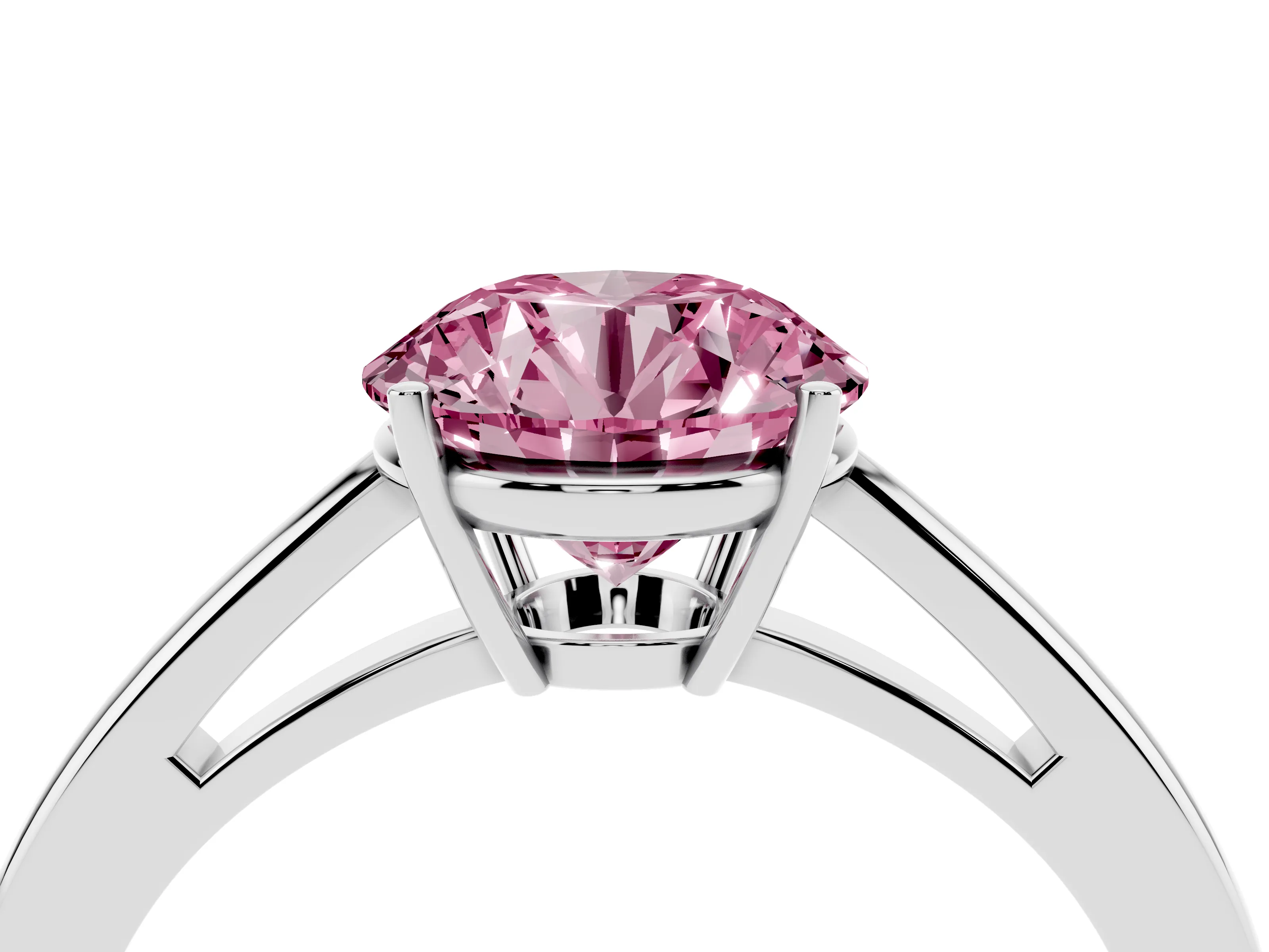 Fancy Pink Round Cut Diamond Solitaire Ring Set in Platinum with Split Shank and Prong Setting