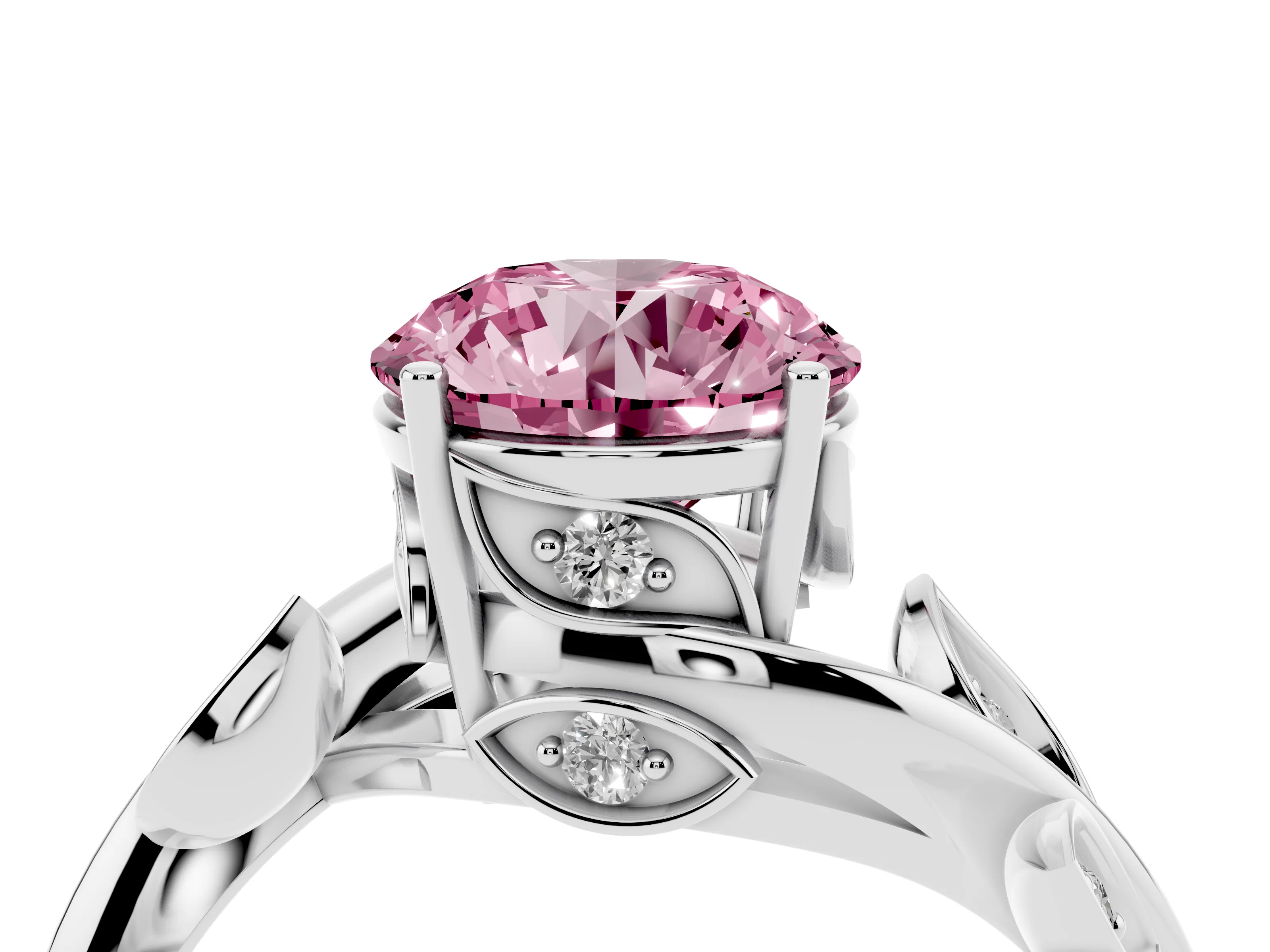Fancy Pink Round Cut Diamond Solitaire Twist Engagement Ring Set in Platinum with Pavé Leaf Accents