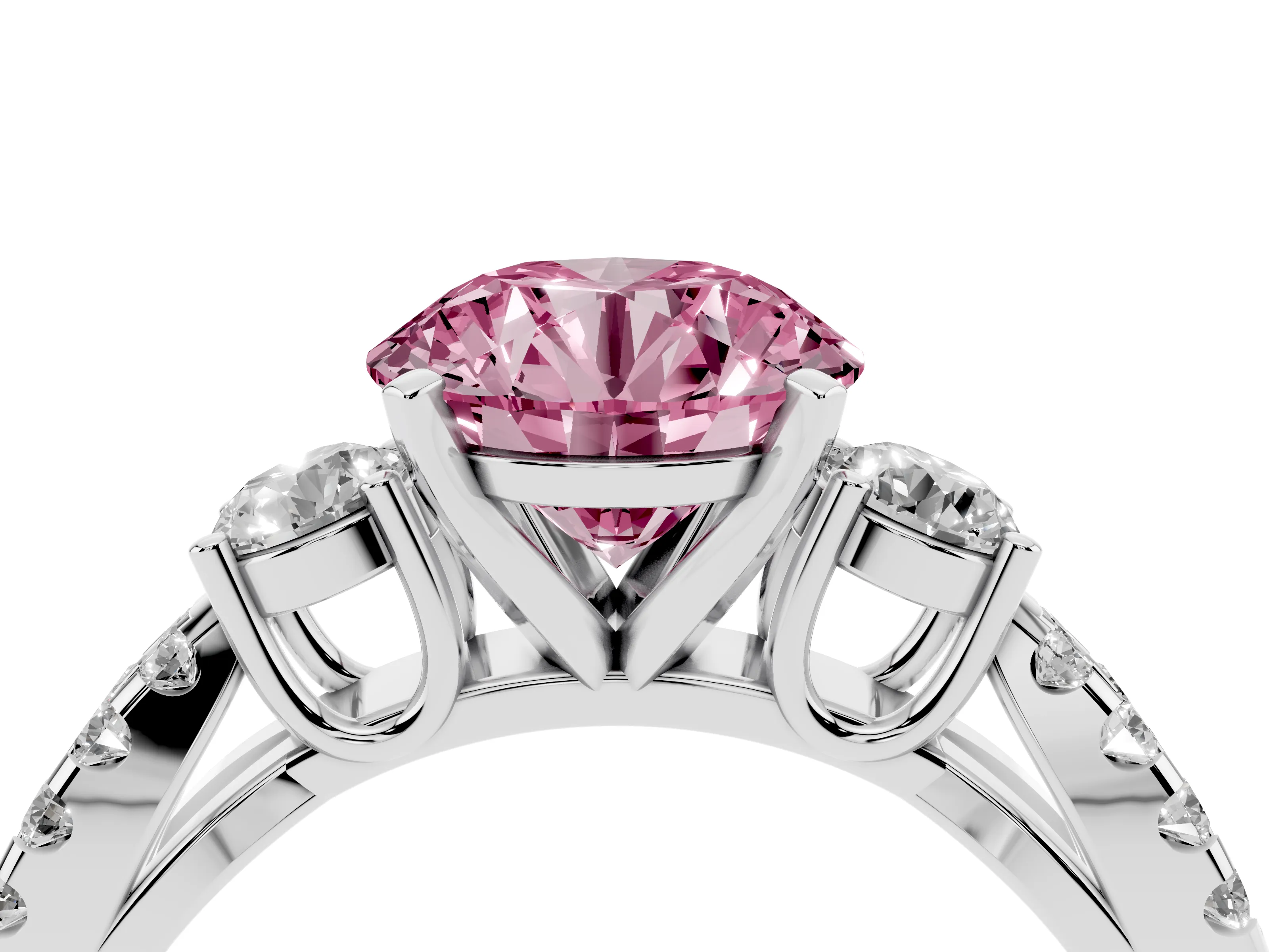 Fancy Pink Round Cut Diamond Three-Stone Ring Set in White gold with Pavé Split Shank and Prong Setting