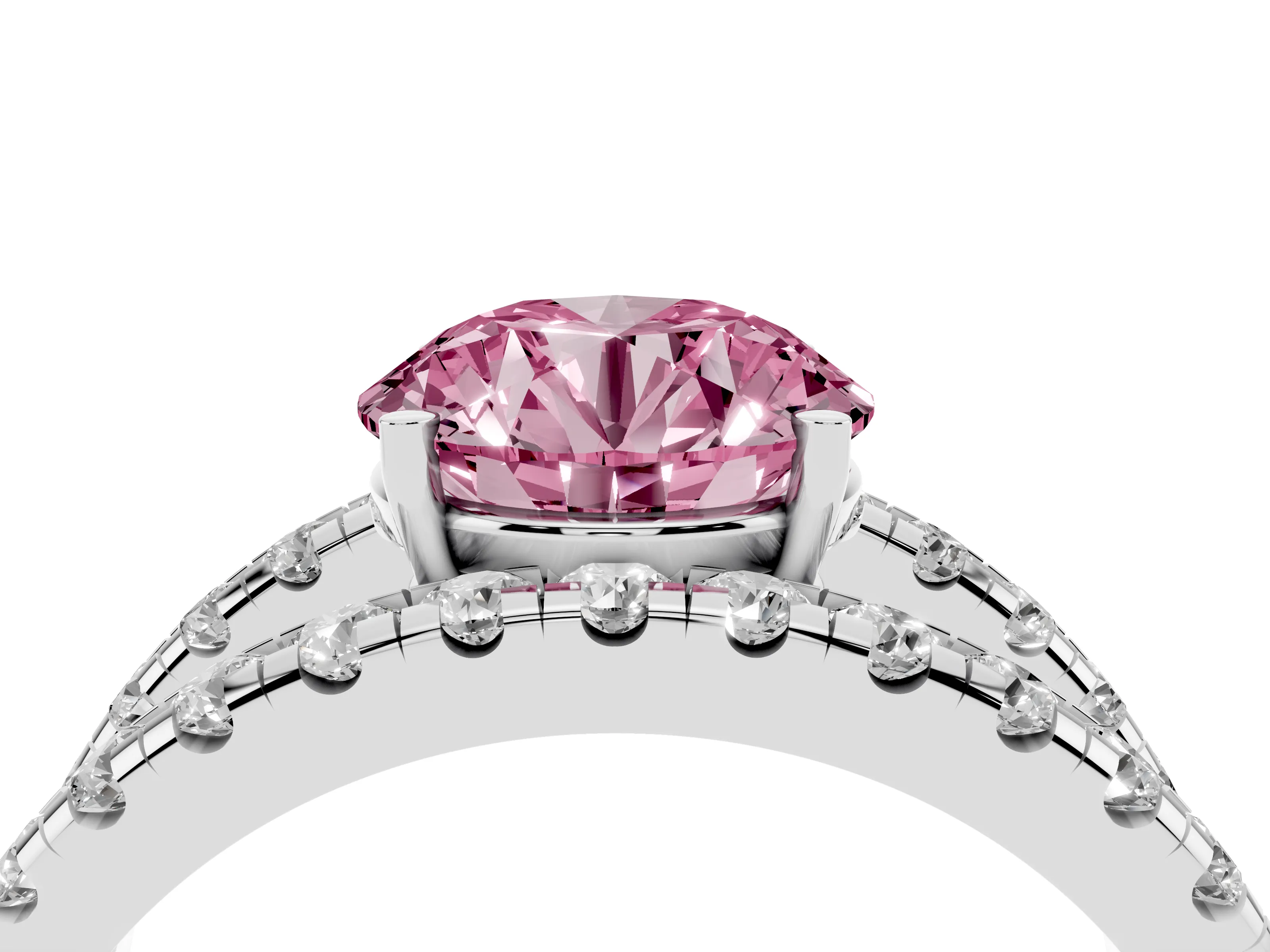 Fancy Pink Round Cut Diamond Split Shank Pavé Solitaire Ring Set in White gold with Open Shank Design