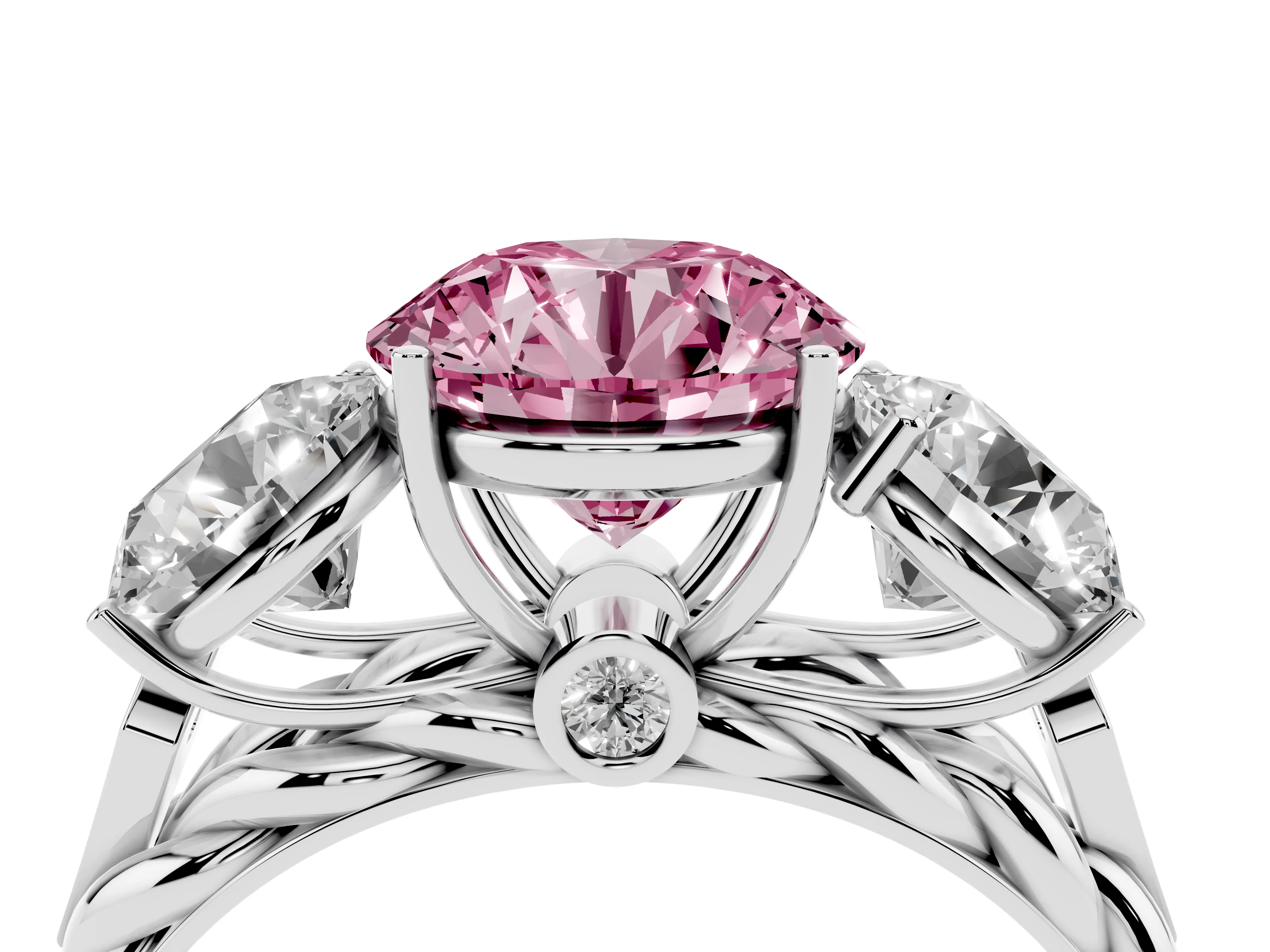 Fancy Pink Round Cut Diamond Three-Stone Ring Set in Silver with Braided Band