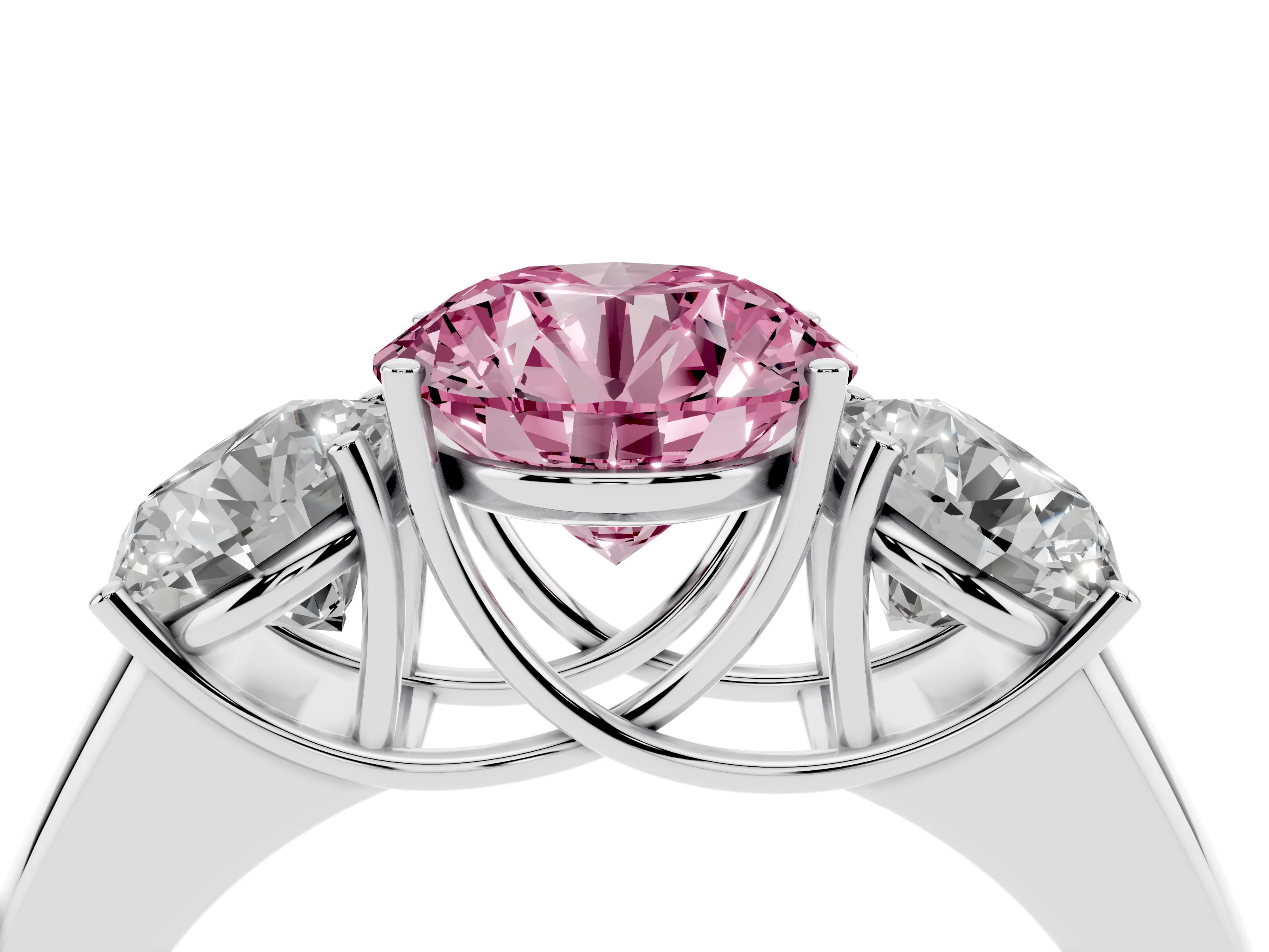 Fancy Pink Three-Stone Round Cut Diamond Ring Set in White gold with Matching Prong Settings and Plain Band
