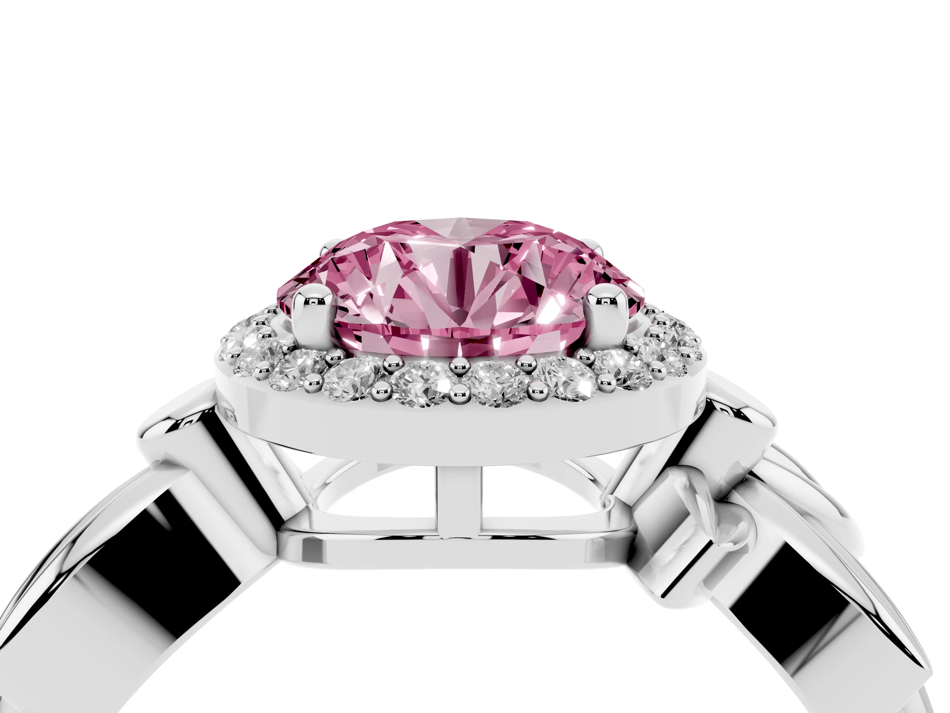Fancy Pink Round Cut Diamond Halo Floral Band Ring Set in Silver with Prong Setting