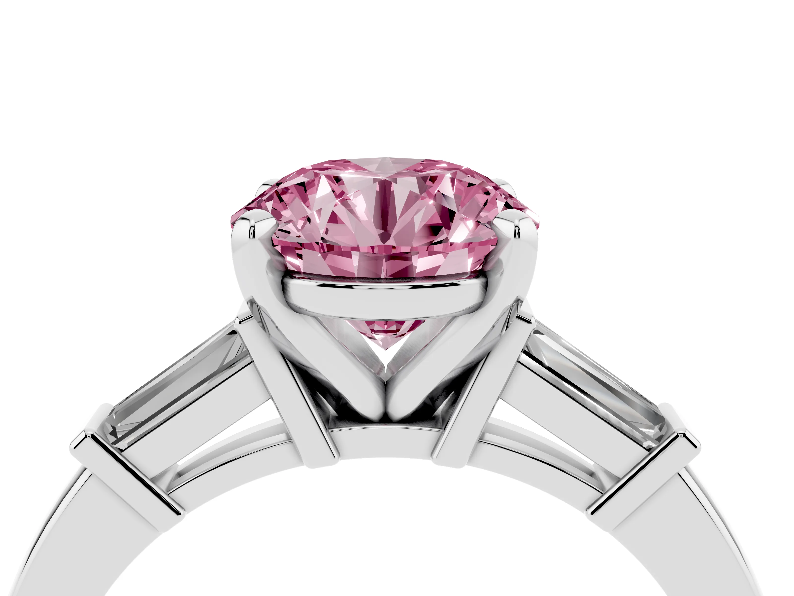 Fancy Pink Round Cut Diamond Solitaire Ring Set in Silver with Tapered Baguette Accents and Prong Setting