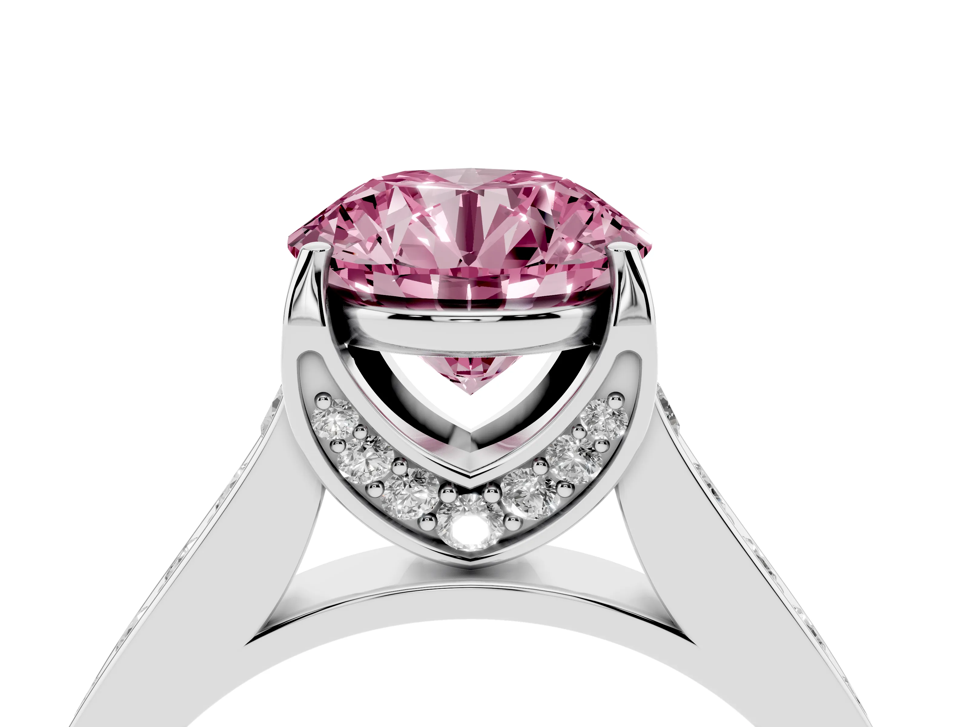 Fancy Pink Round Cut Diamond Solitaire Pavé Engagement Ring Set in White gold with Prong Setting