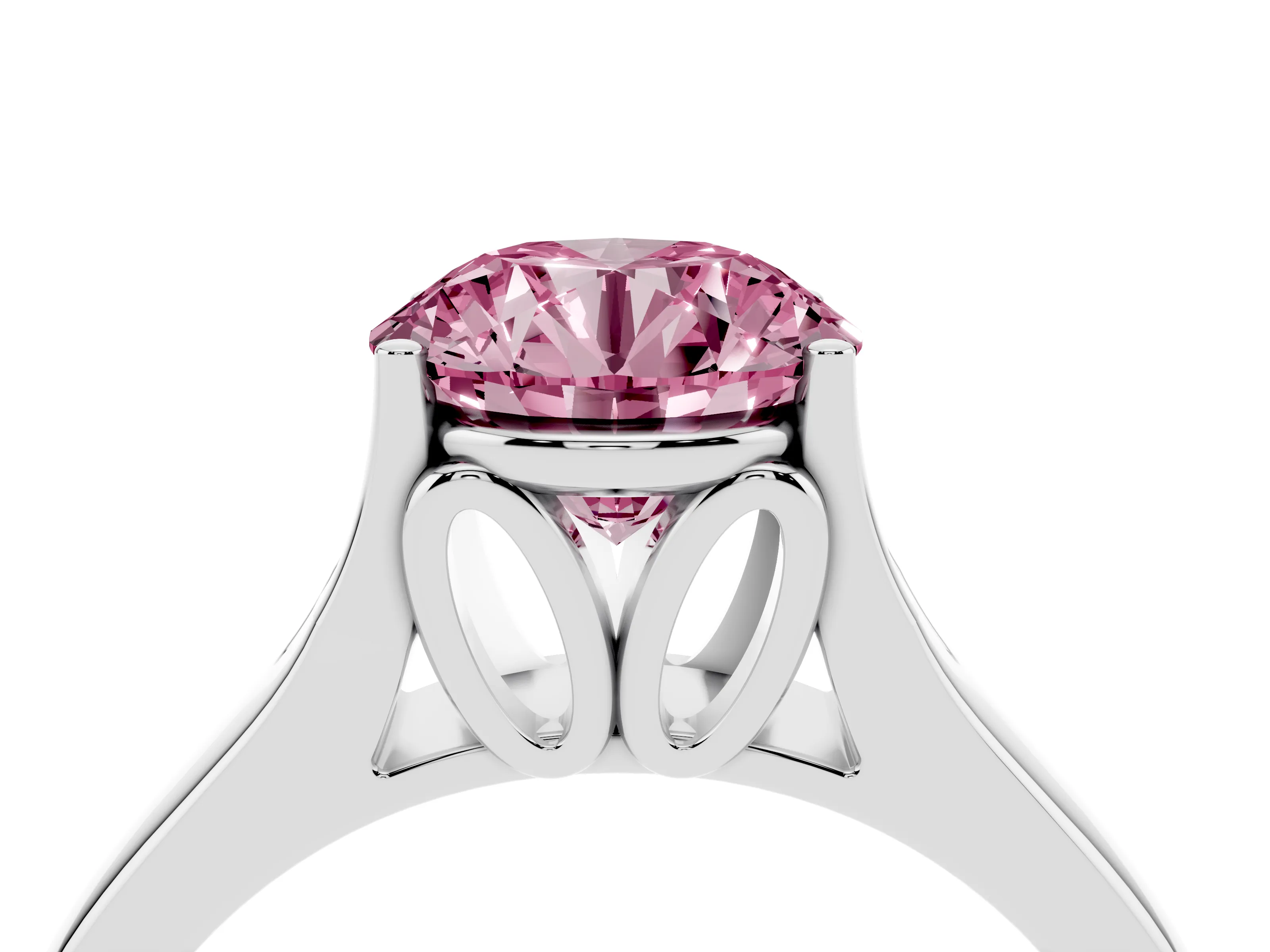 Fancy Pink Round Cut Diamond Solitaire Ring Set in White gold with Arched Cathedral Band and Prong Setting