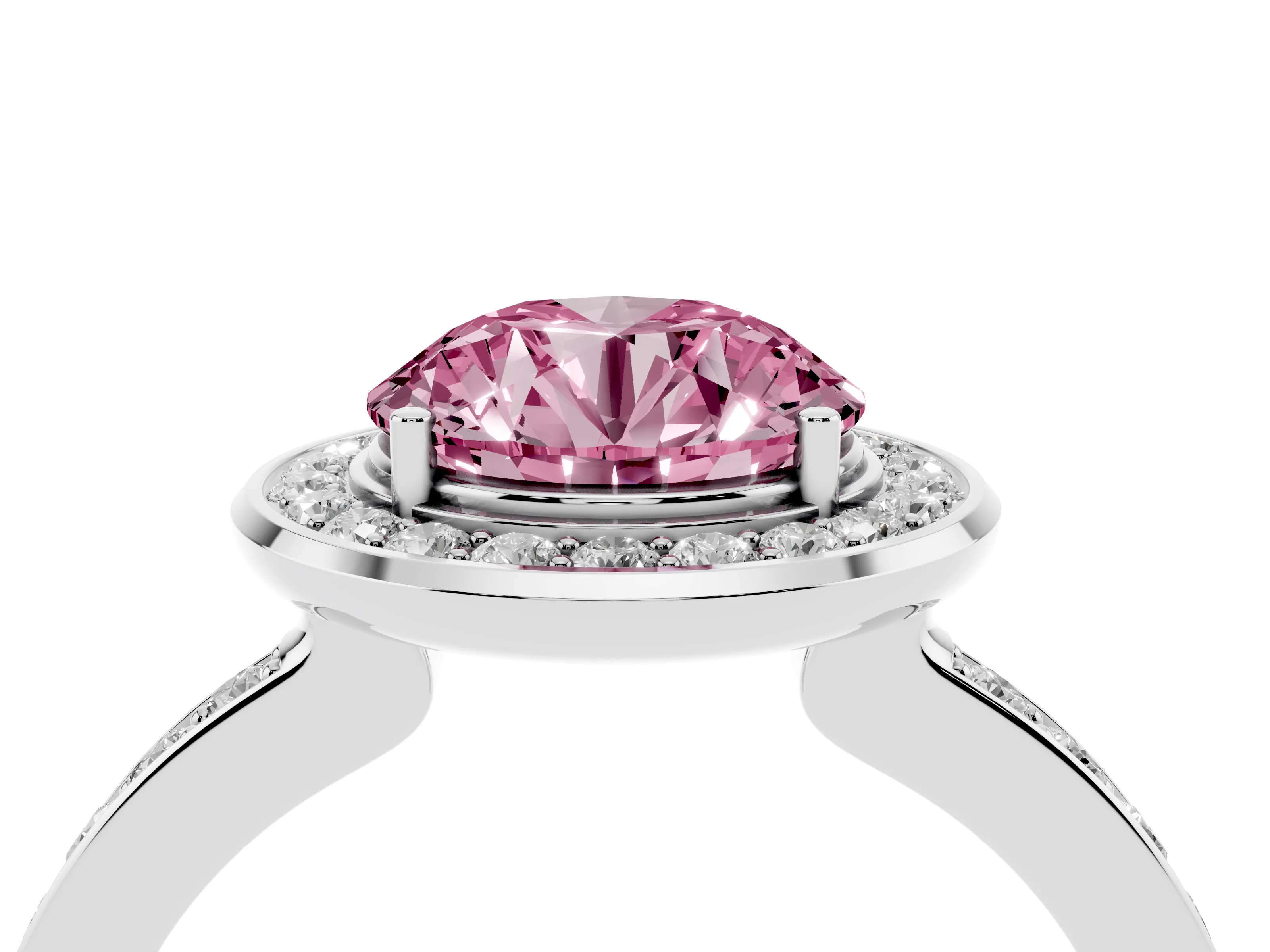 Fancy Pink Round Cut Diamond Halo Ring Set in Silver with Bezel Frame and Pavé Band