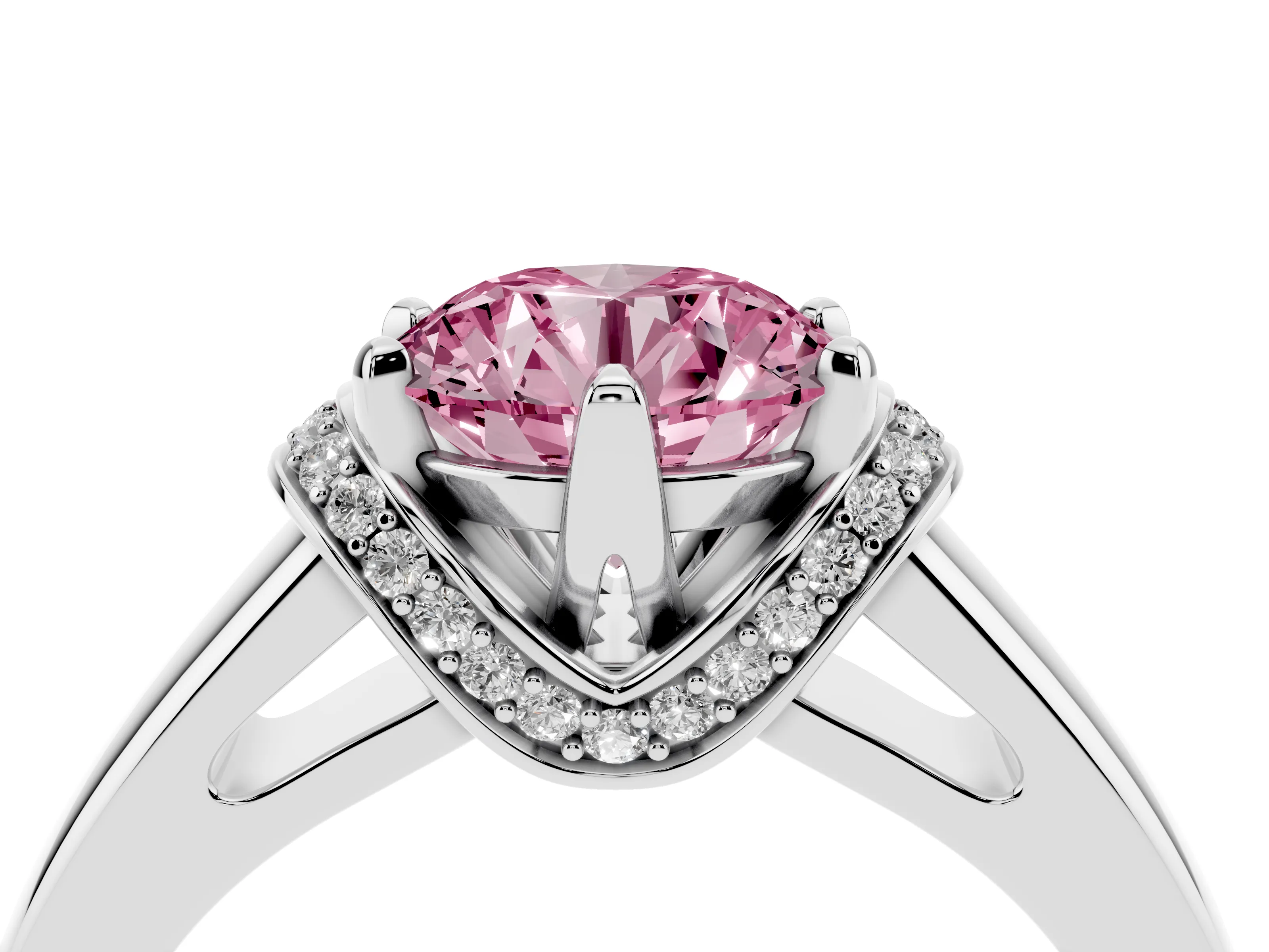 Fancy Pink Round Cut Diamond Pavé Band Solitaire Ring Set in Silver with Prong Setting