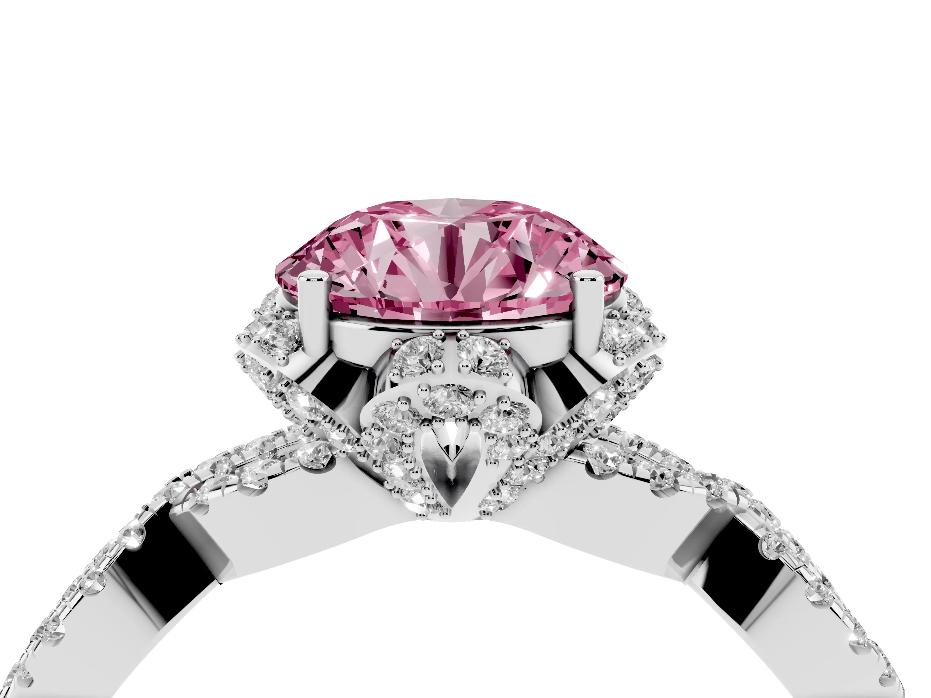 Fancy Pink Round Cut Diamond Halo Twist Band Solitaire Ring Set in White gold with Prong-Set Center Stone