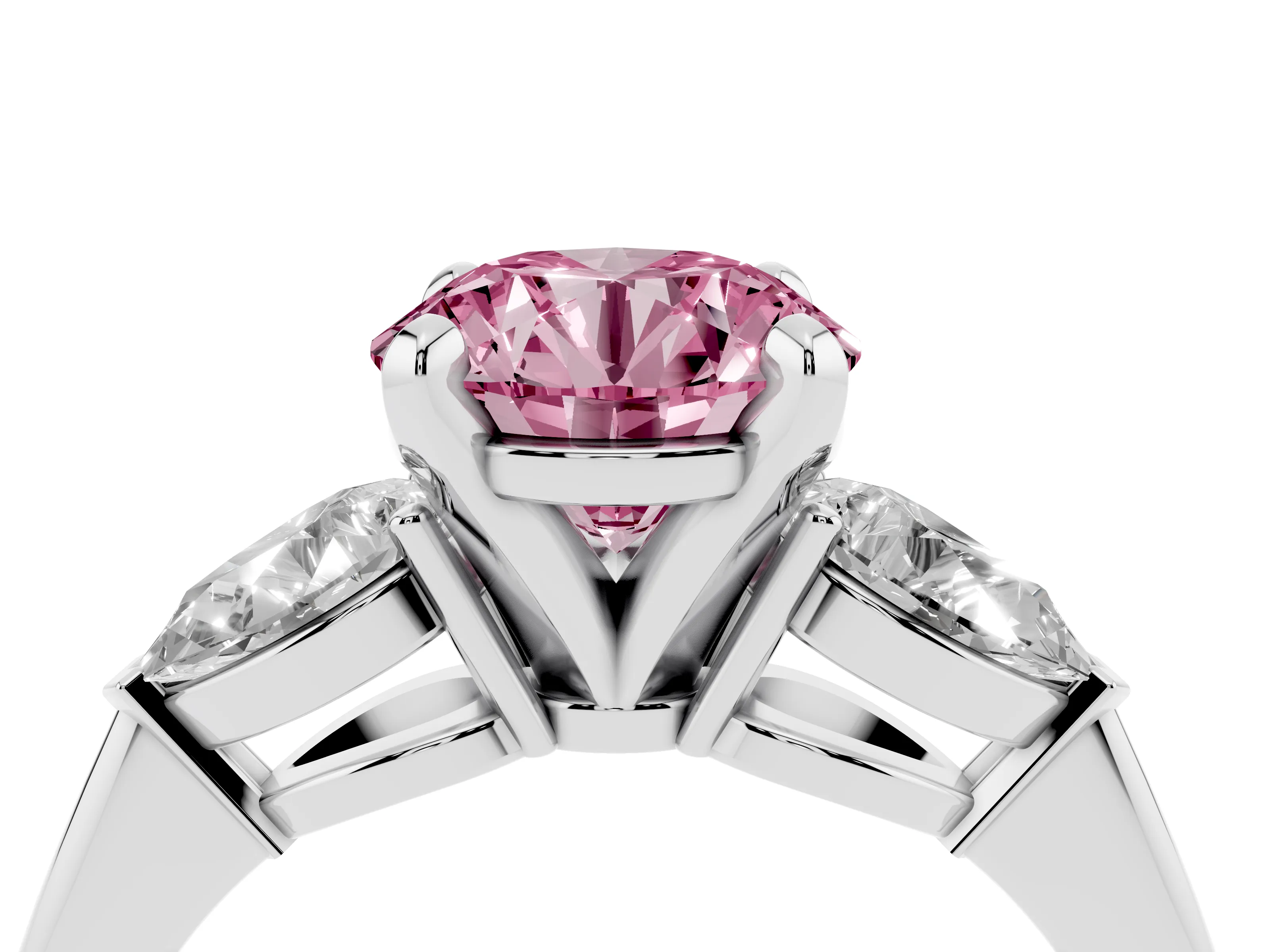 Fancy Pink Three-Stone Round Cut Diamond Ring Set in Silver with Pear Side Stones and Prong Setting