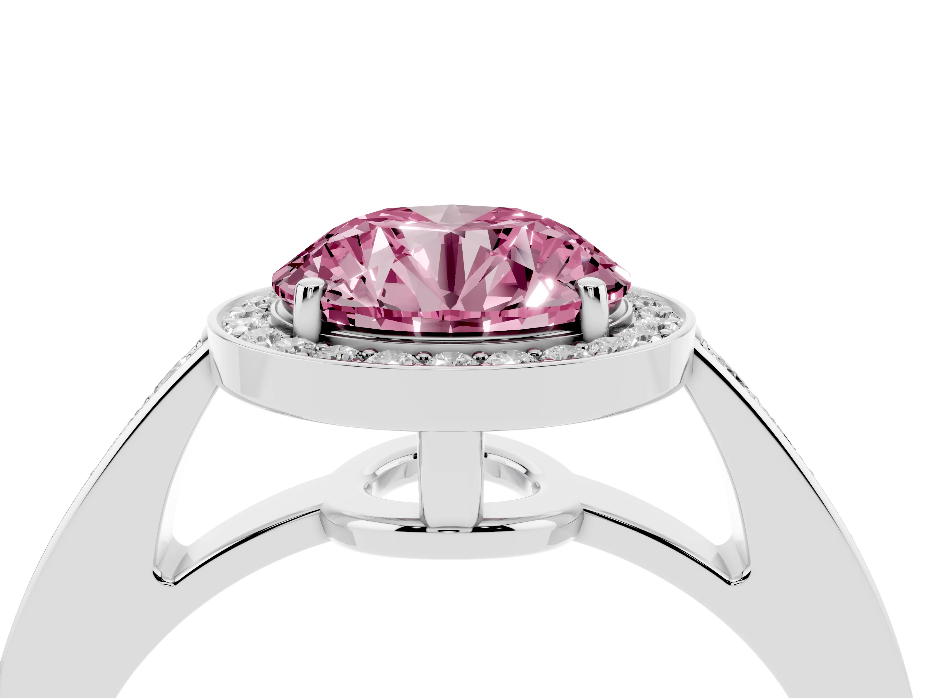 Fancy Pink Round Cut Diamond Halo Pavé Engagement Ring Set in Silver with Bezel Setting