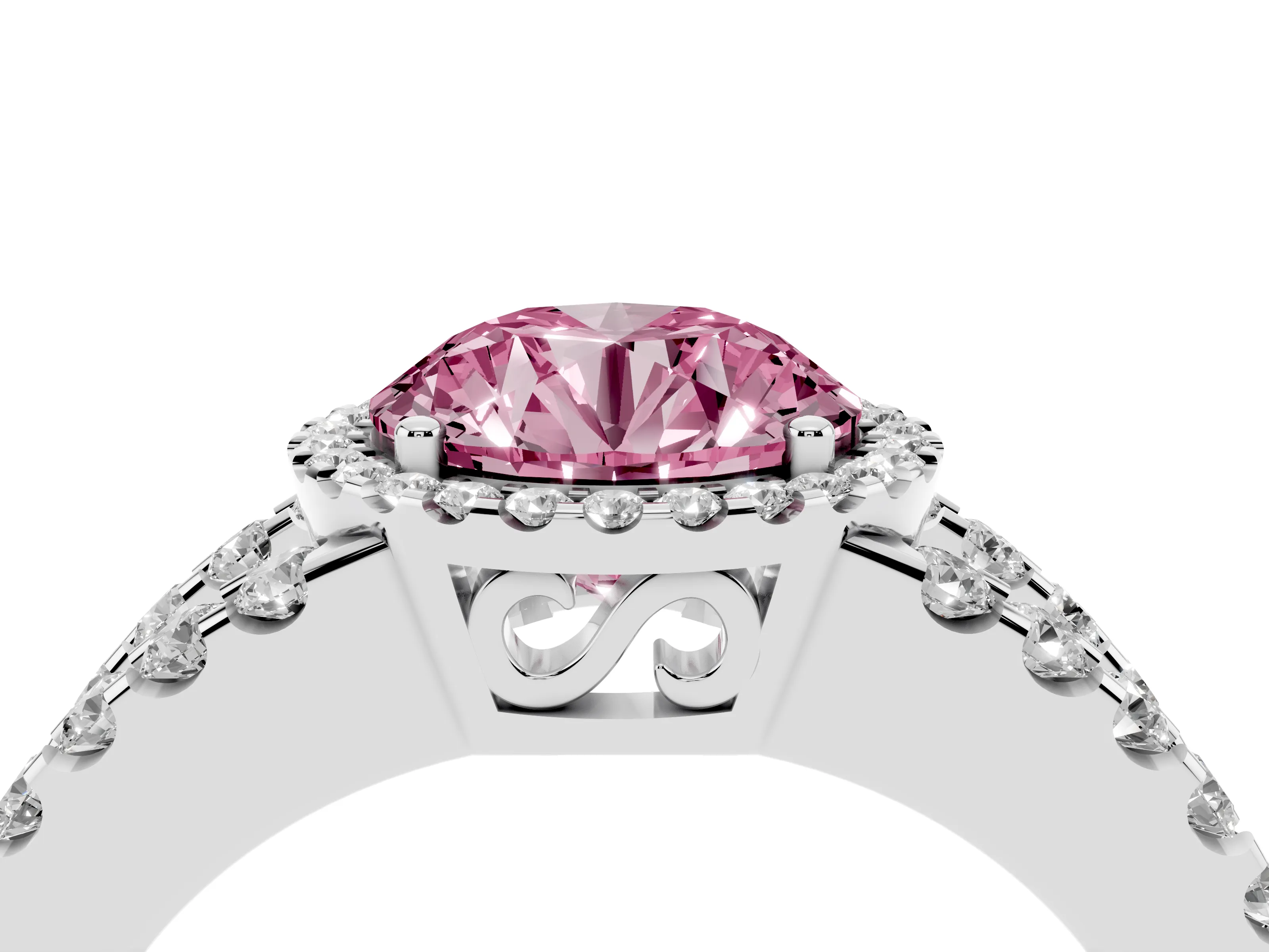 Fancy Pink Round Cut Diamond Halo Ring Set in White gold with Pavé Split Shank and Prong Setting