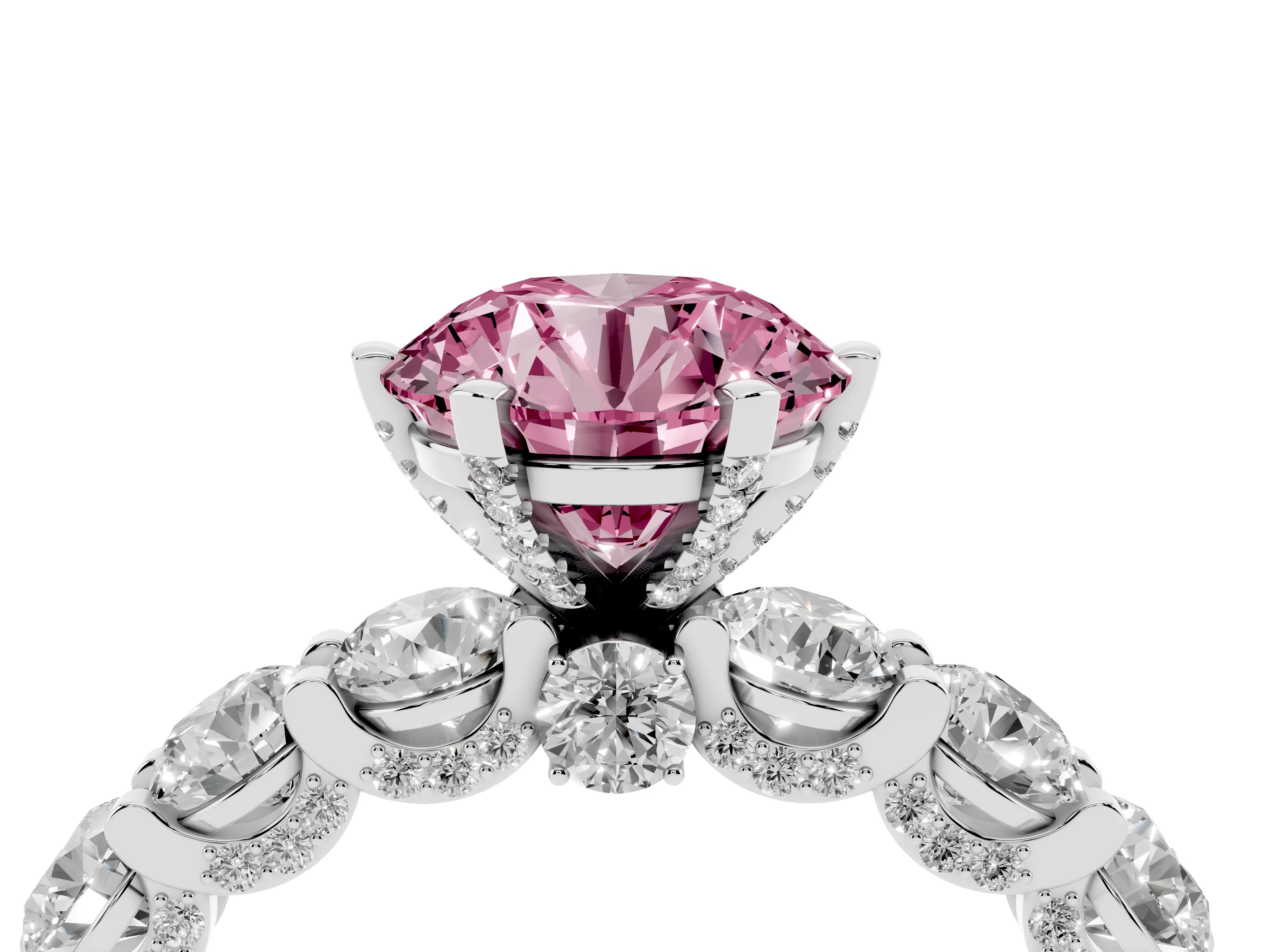 Fancy Pink Round Cut Diamond Side Stone Ring Set in White gold with Alternating Round and Oval Side Stones