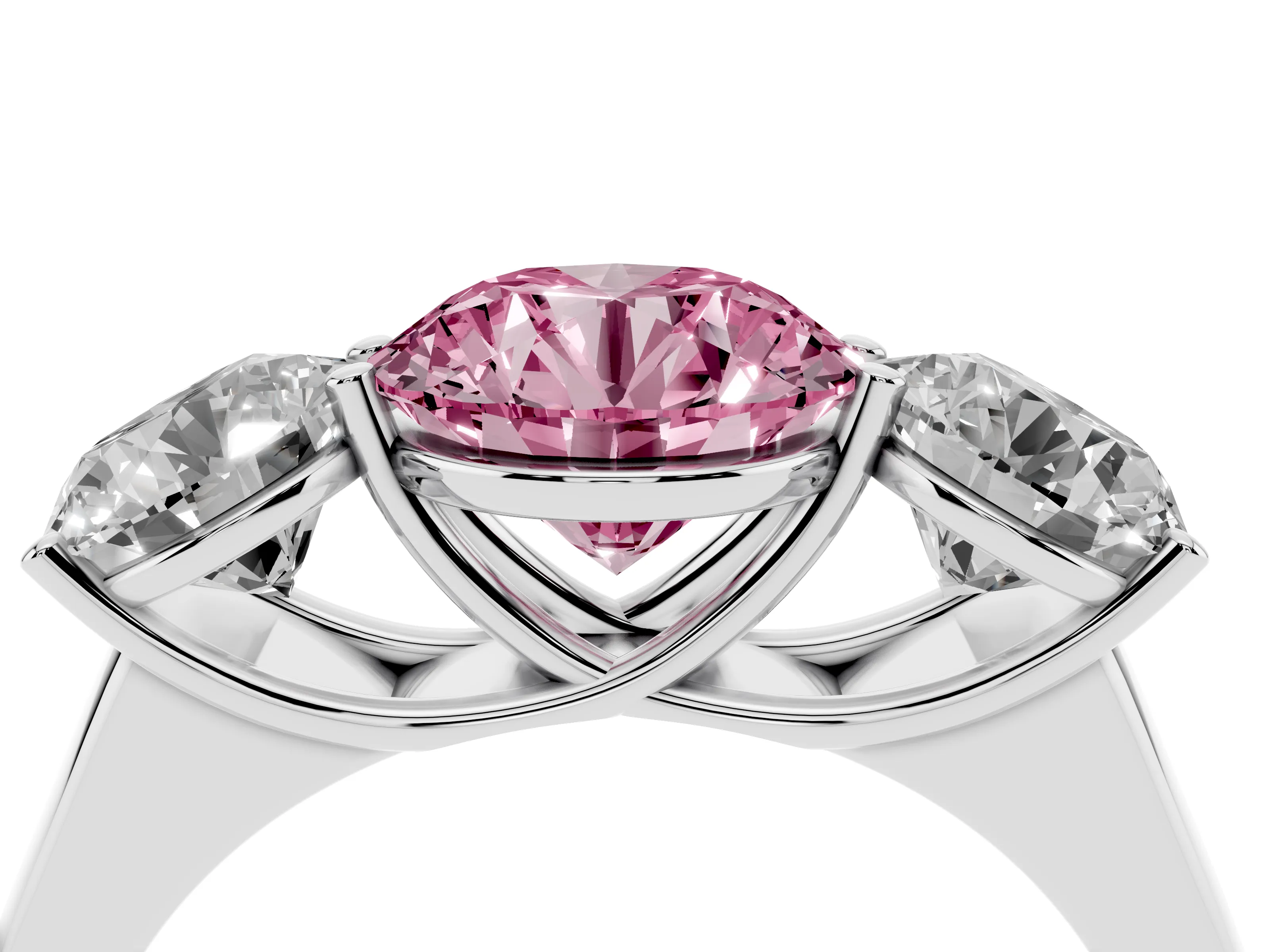 Fancy Pink Round Cut Diamond Three-Stone Ring Set in Silver with Plain Polished Band
