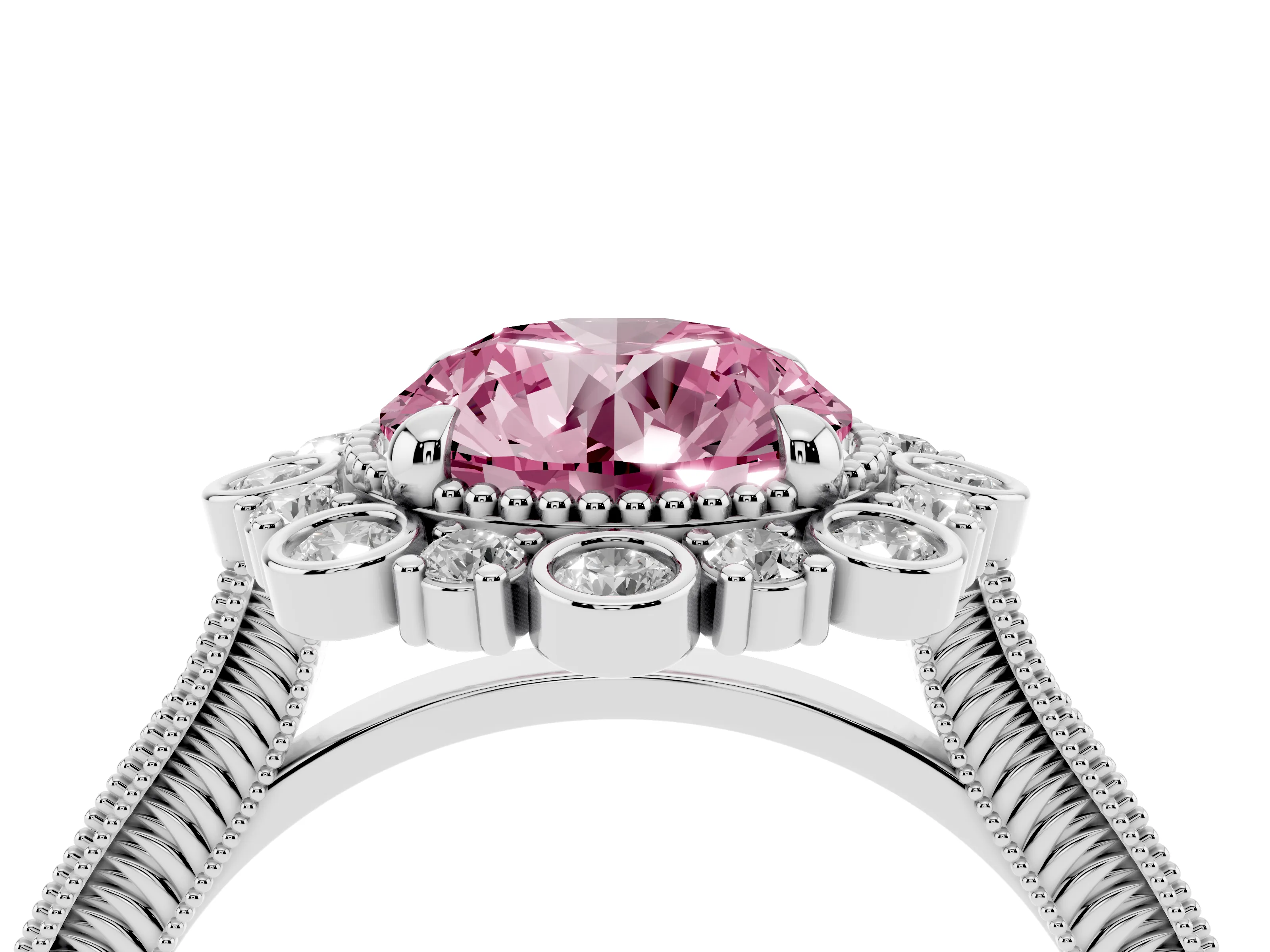 Fancy Pink Round Cut Diamond Halo Milgrain Pavé Ring Set in White gold with Prong Setting