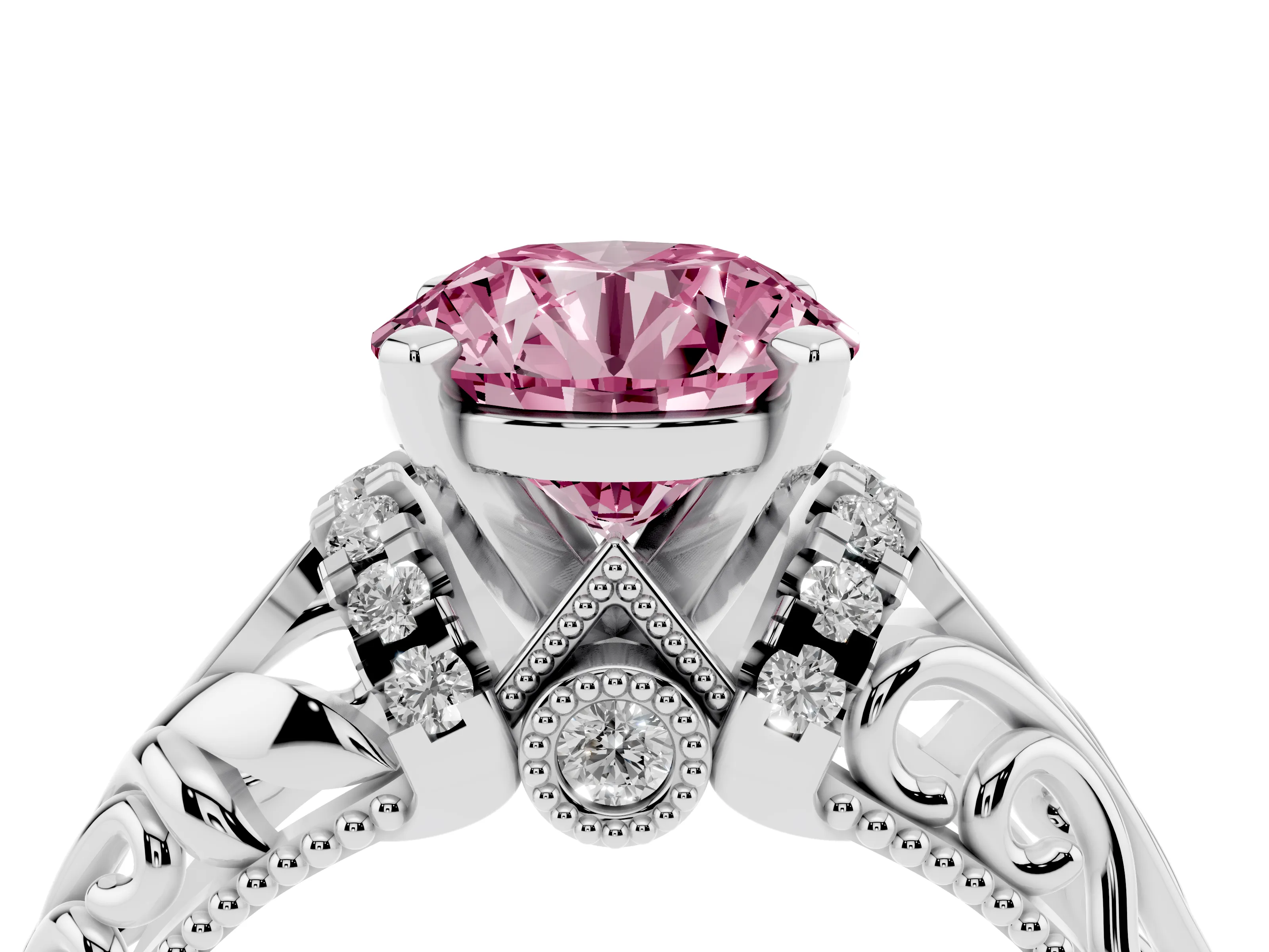 Fancy Pink Round Cut Diamond Filigree Halo Engagement Ring Set in Silver with Prong Setting