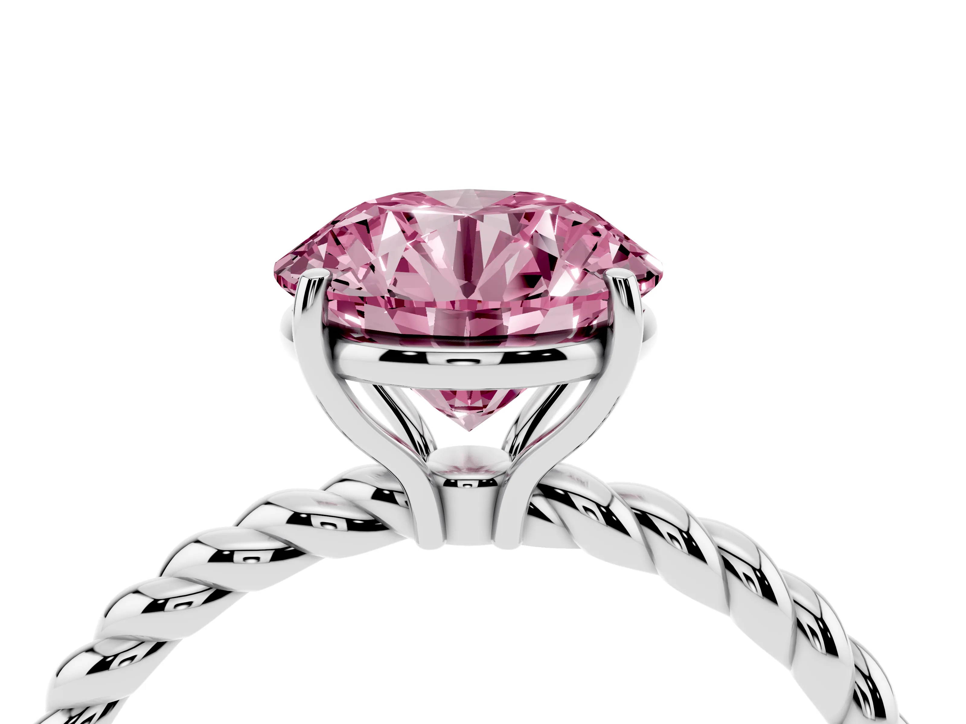 Fancy Pink Round Cut Diamond Solitaire Ring Set in Platinum with Twist Band and Prong Setting