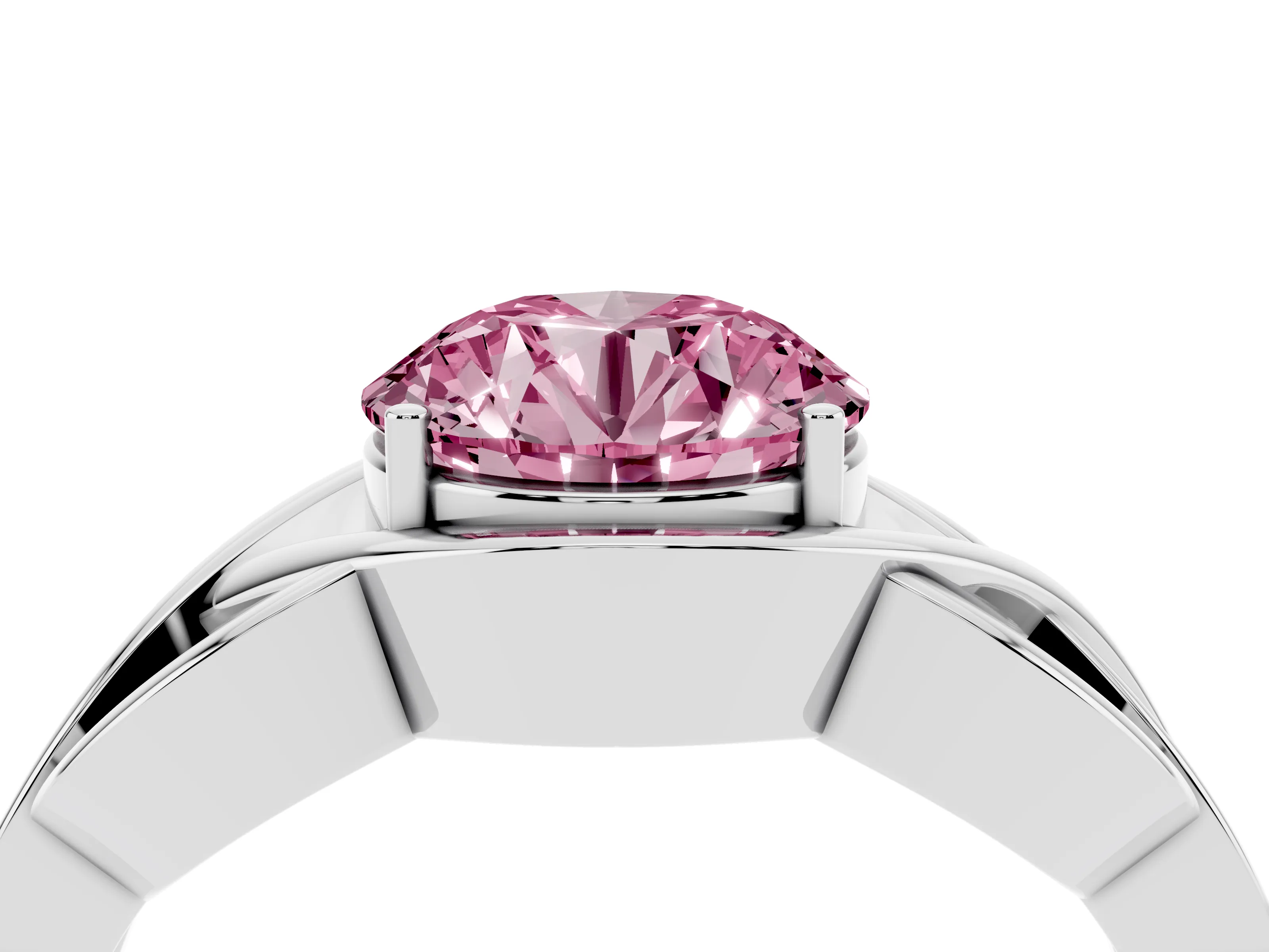 Fancy Pink Round Cut Diamond Solitaire Ring Set in Platinum with Intertwined Band