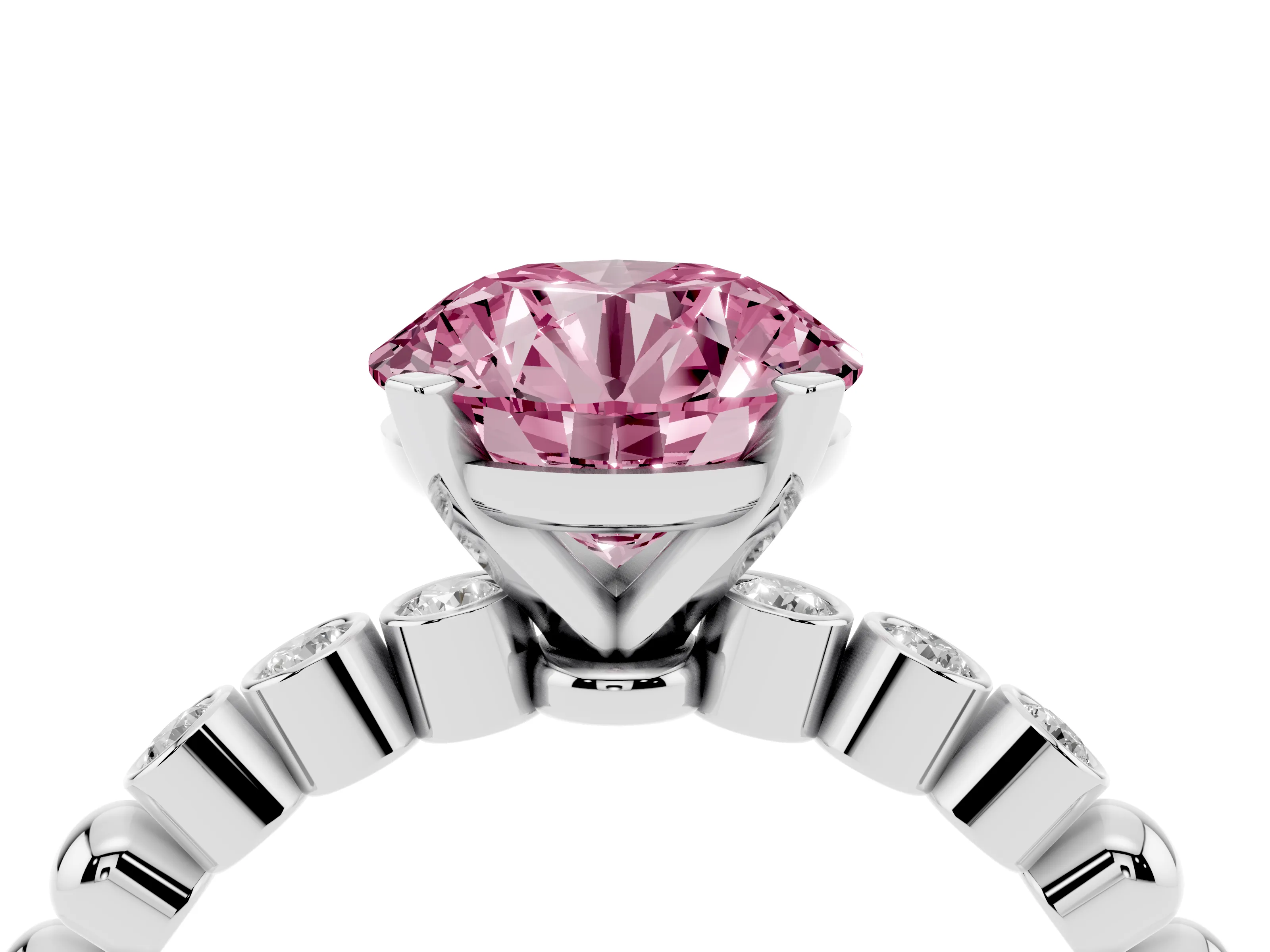 Fancy Pink Round Cut Diamond Solitaire Engagement Ring Set in Platinum with Bezel Accents on Beaded Band