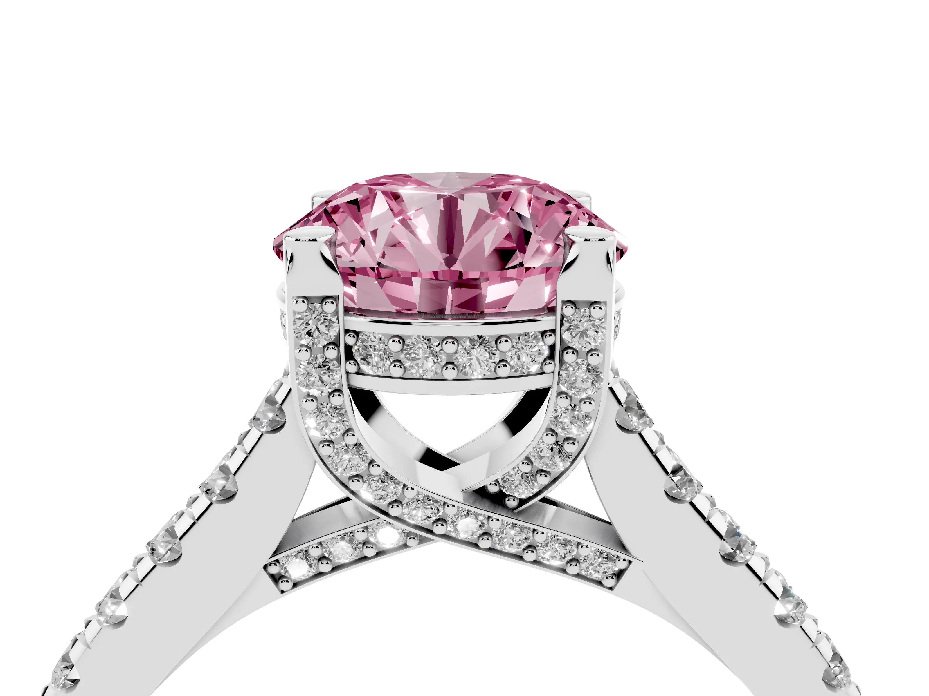 Fancy Pink Round Cut Diamond Solitaire Ring Set in Platinum with Brilliant Pavé Band and Prong Setting