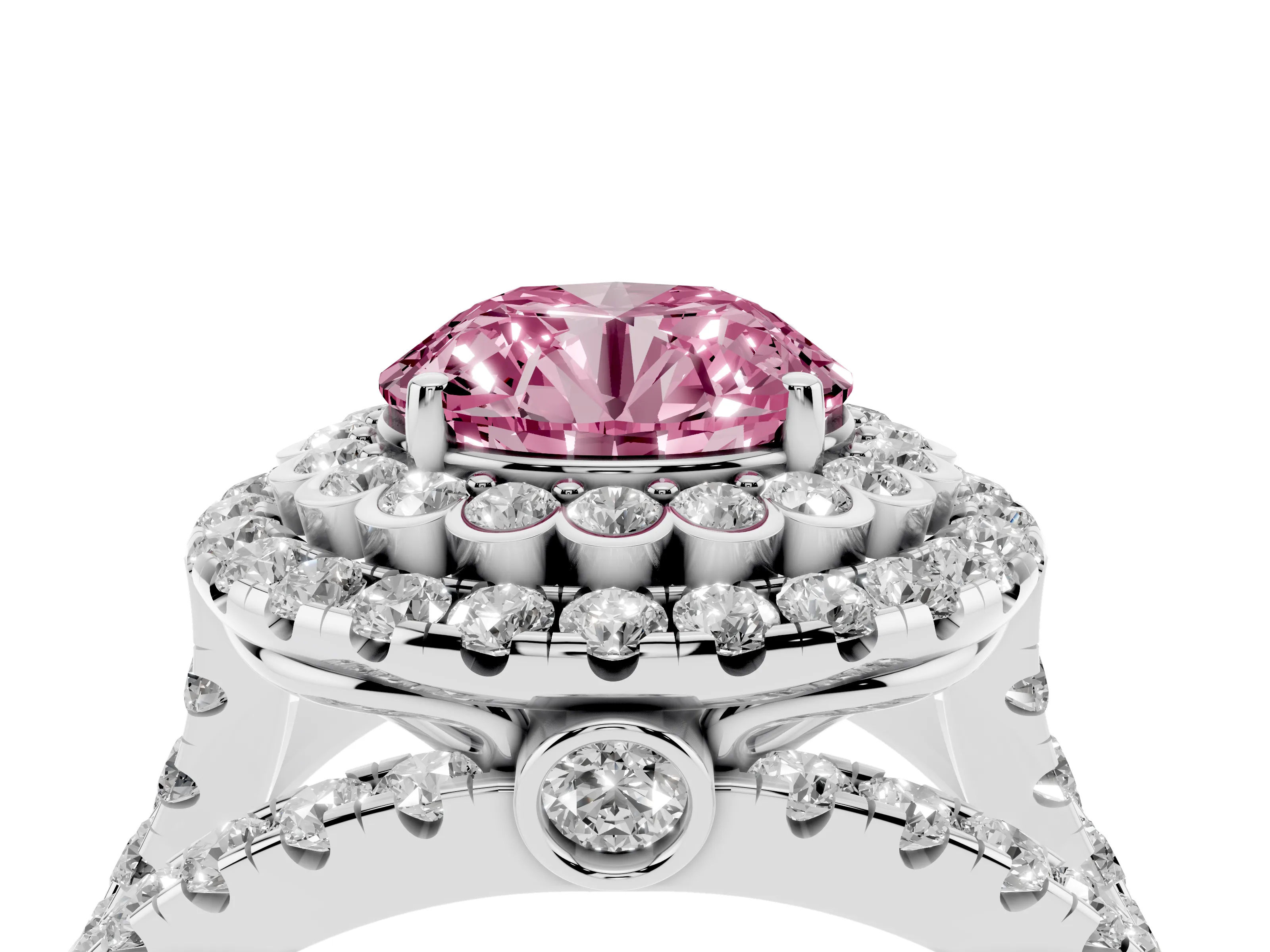 Fancy Pink Round Cut Diamond Double Halo Ring Set in White gold with Round Pavé Split Shank